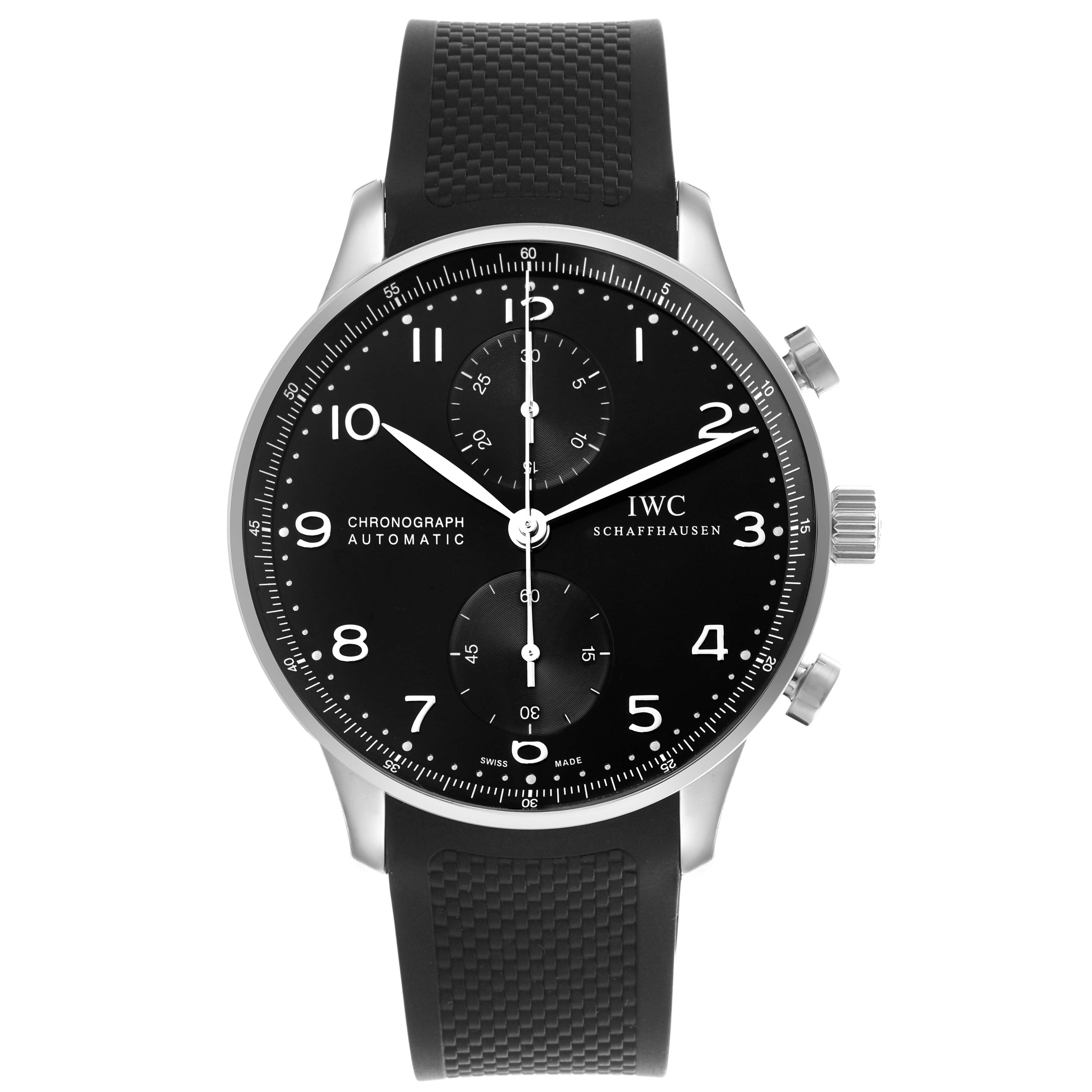 The IWC Portuguese IW371438 Men's Stainless Steel Black Dial IW371438 Men's Stainless Steel Black Dial watch is shown from the front, featuring a black dial, chronograph subdials, and a textured black strap.