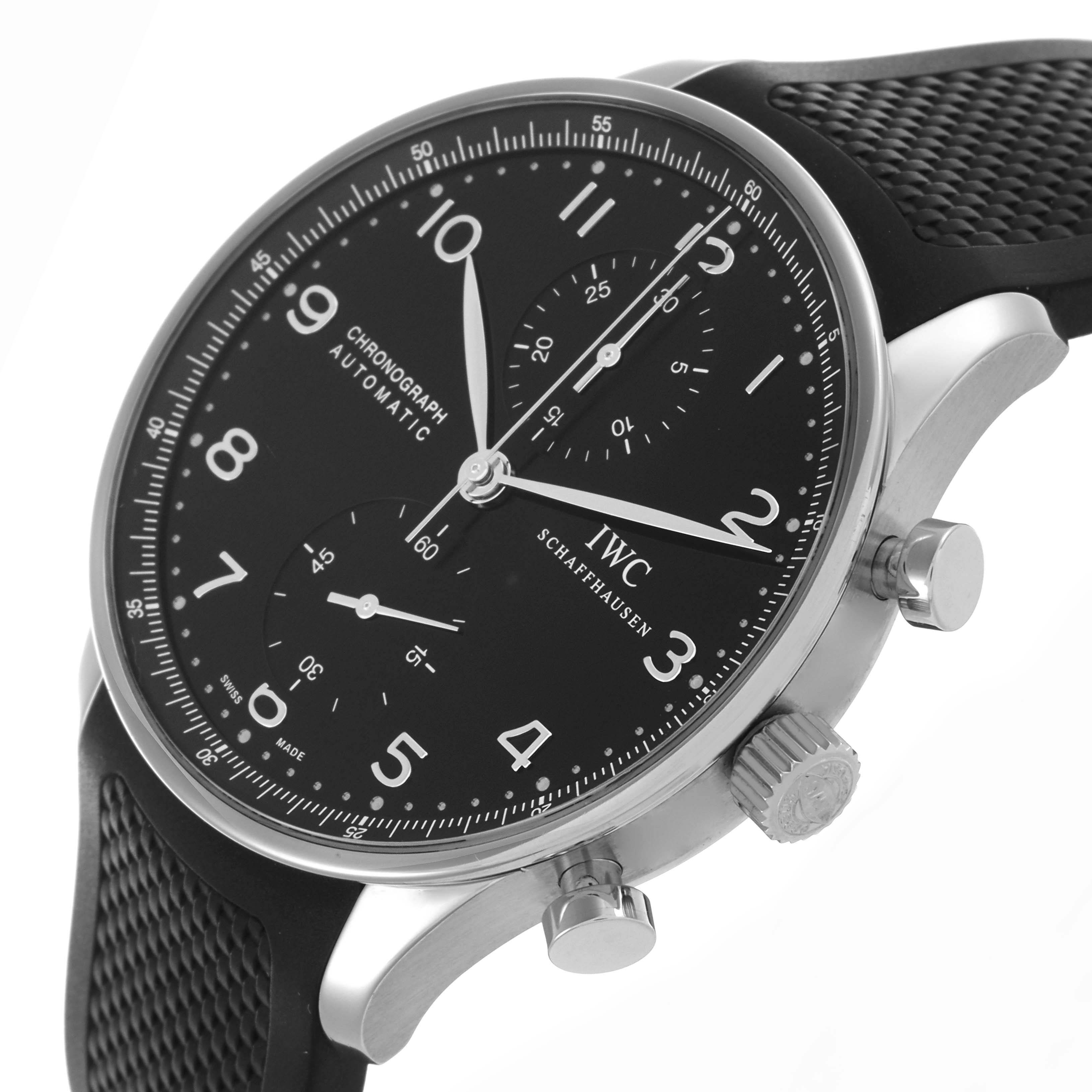 The IWC Portuguese IW371438 Men's Stainless Steel Black Dial IW371438 Men's Stainless Steel Black Dial watch is shown at a slight angle, highlighting its black dial, Arabic numerals, chronograph subdials, crown, and pushers.