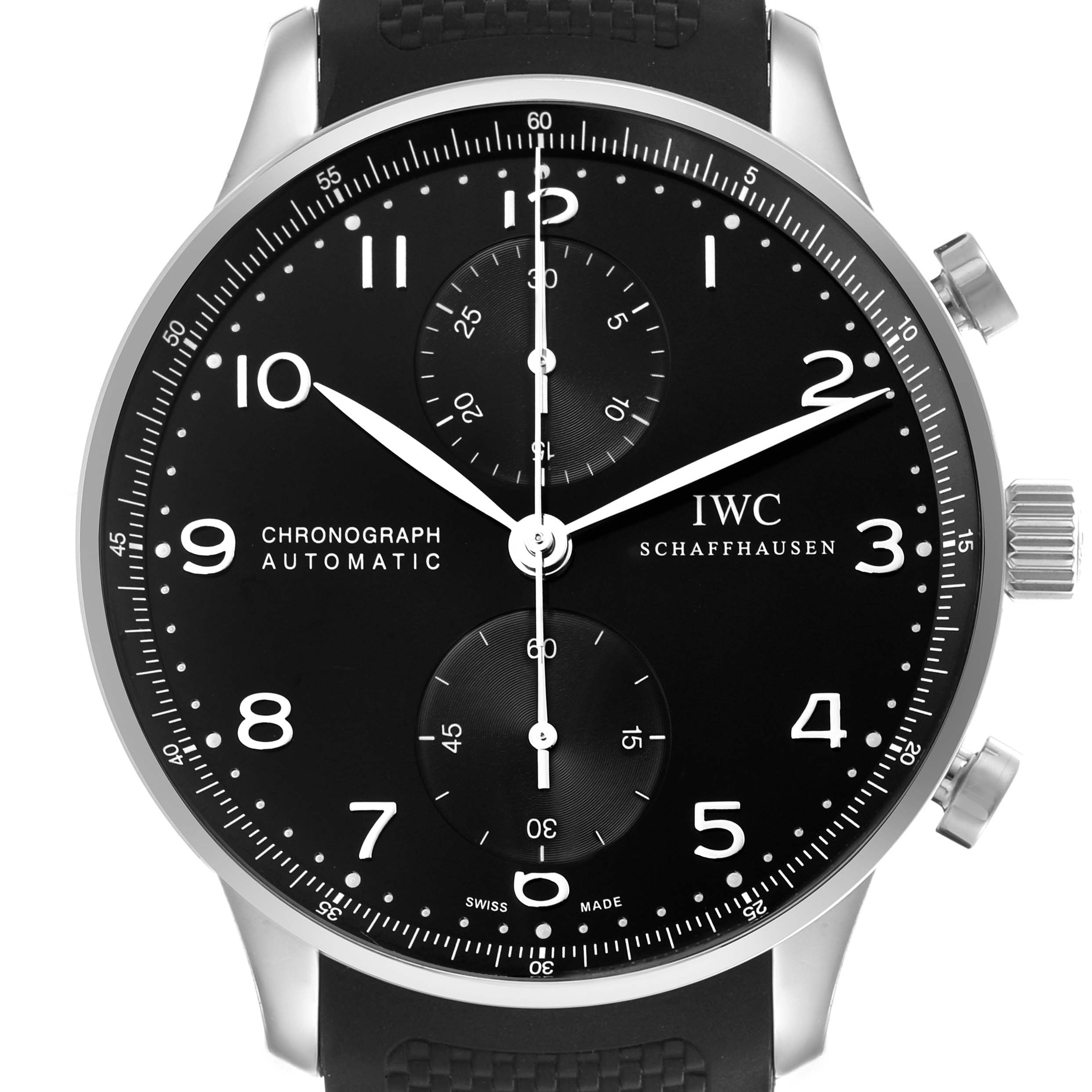 The IWC Portuguese IW371438 Men's Stainless Steel Black Dial IW371438 Men's Stainless Steel Black Dial model is shown from a front angle, displaying the dial, chronograph subdials, and crown.