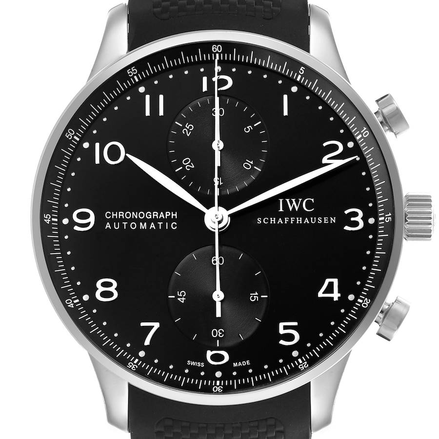 The IWC Portuguese model is shown from a front angle, displaying the dial, chronograph subdials, and crown.