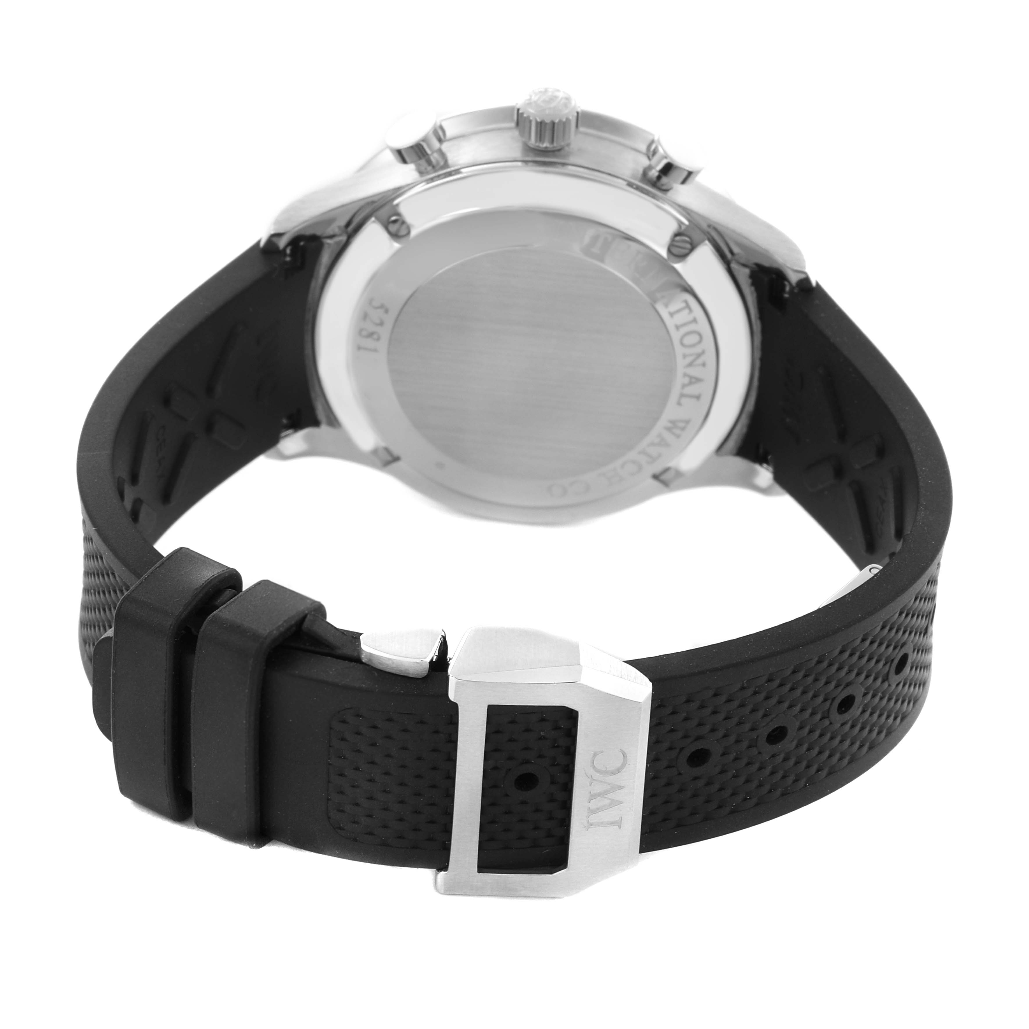 The image shows the back view of an IWC Portuguese IW371438 Men's Stainless Steel Black Dial IW371438 Men's Stainless Steel Black Dial watch, featuring the case back, crown, and branded clasp.