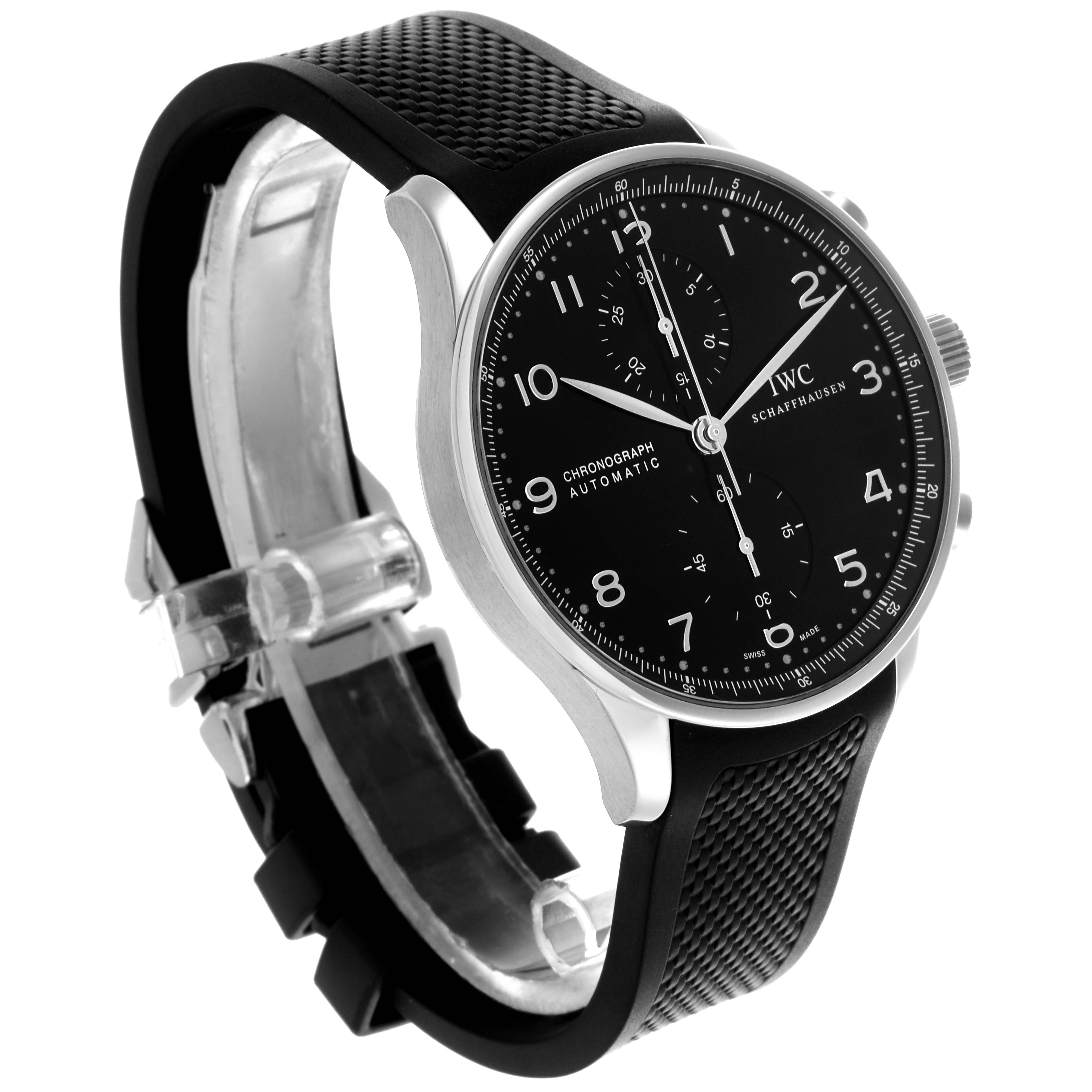 The IWC Portuguese IW371438 Men's Stainless Steel Black Dial IW371438 Men's Stainless Steel Black Dial watch is shown at a three-quarter angle, highlighting the face, case, and strap.