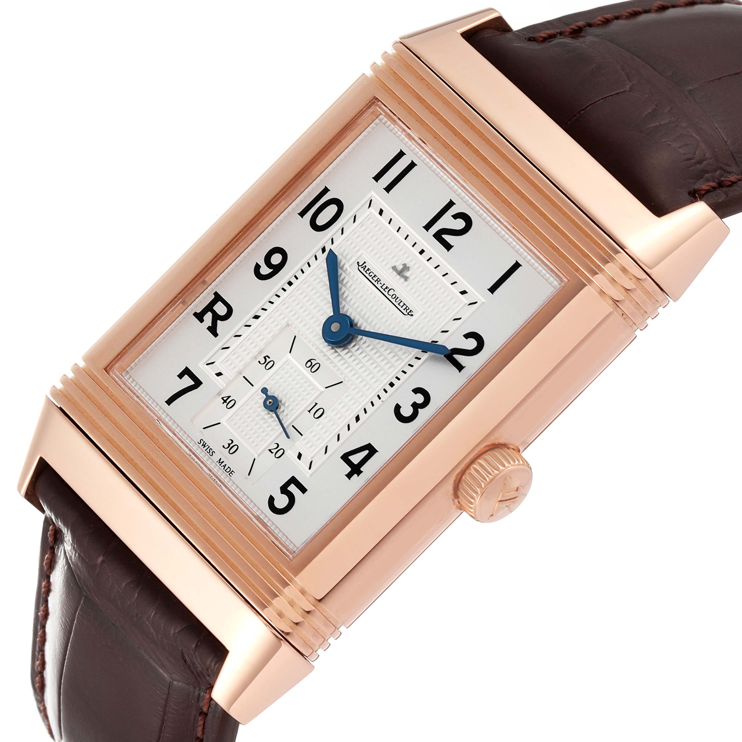 The image shows the face and crown of a Jaeger-LeCoultre Reverso watch at a slight angle.
