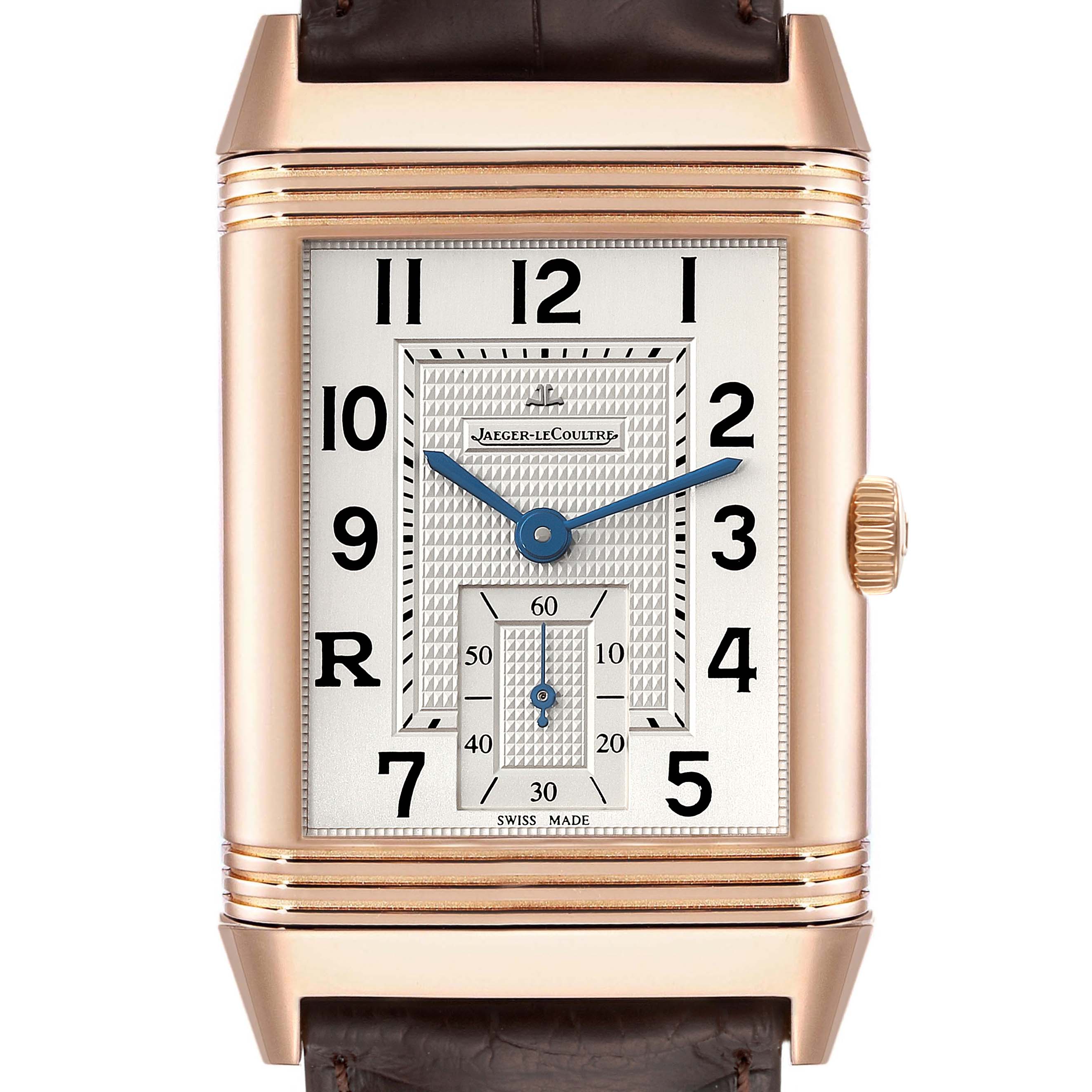 The image shows a front view of a Jaeger LeCoultre Reverso Q3732420 Men's Rose Gold Silver Dial Q3732420 Men's Rose Gold Silver Dial watch featuring a rectangular dial, Arabic numerals, and blue hands.