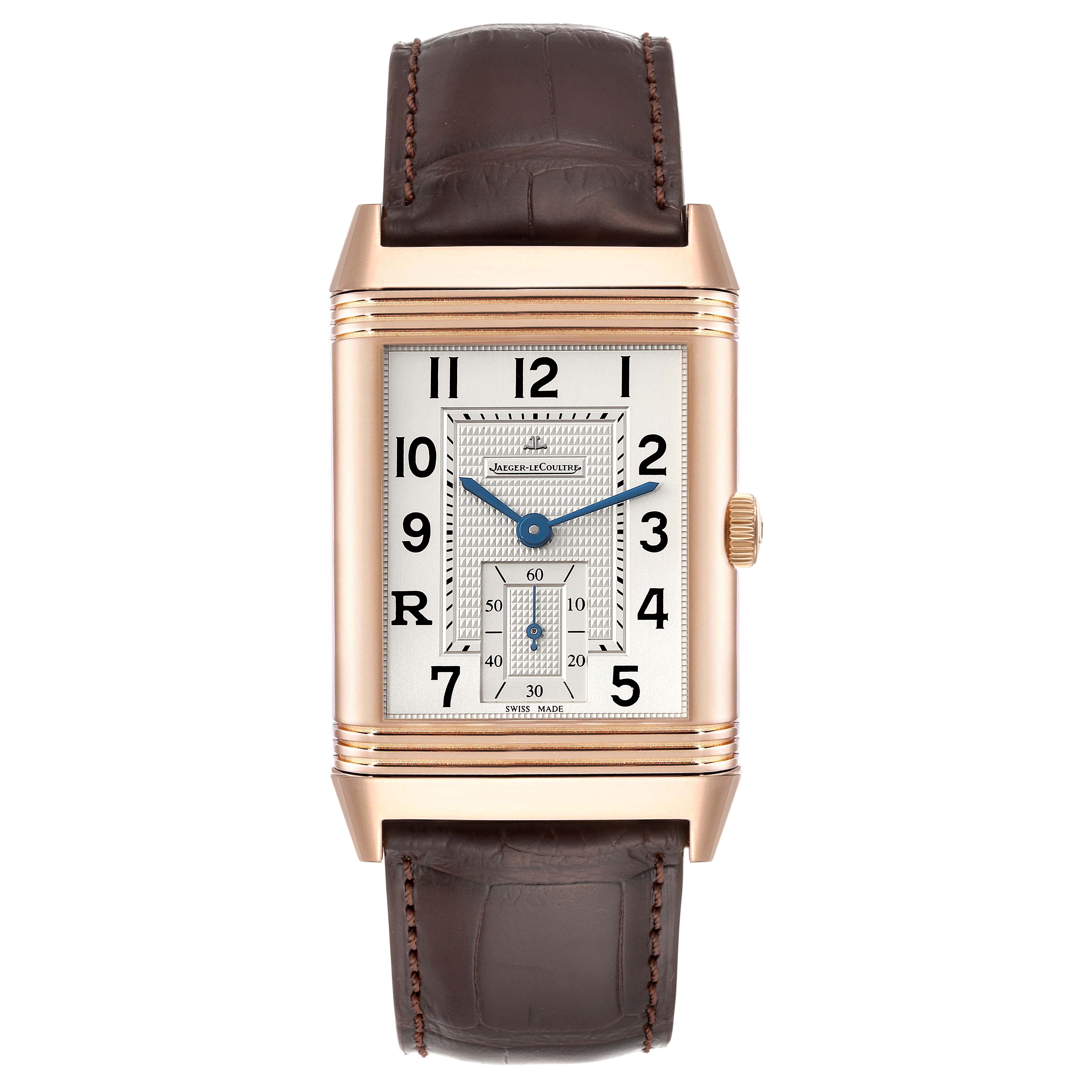 This is a front view of the Jaeger LeCoultre Reverso Q3732420 Men's Rose Gold Silver Dial Q3732420 Men's Rose Gold Silver Dial watch, showing the rectangular case, dial, and leather strap.