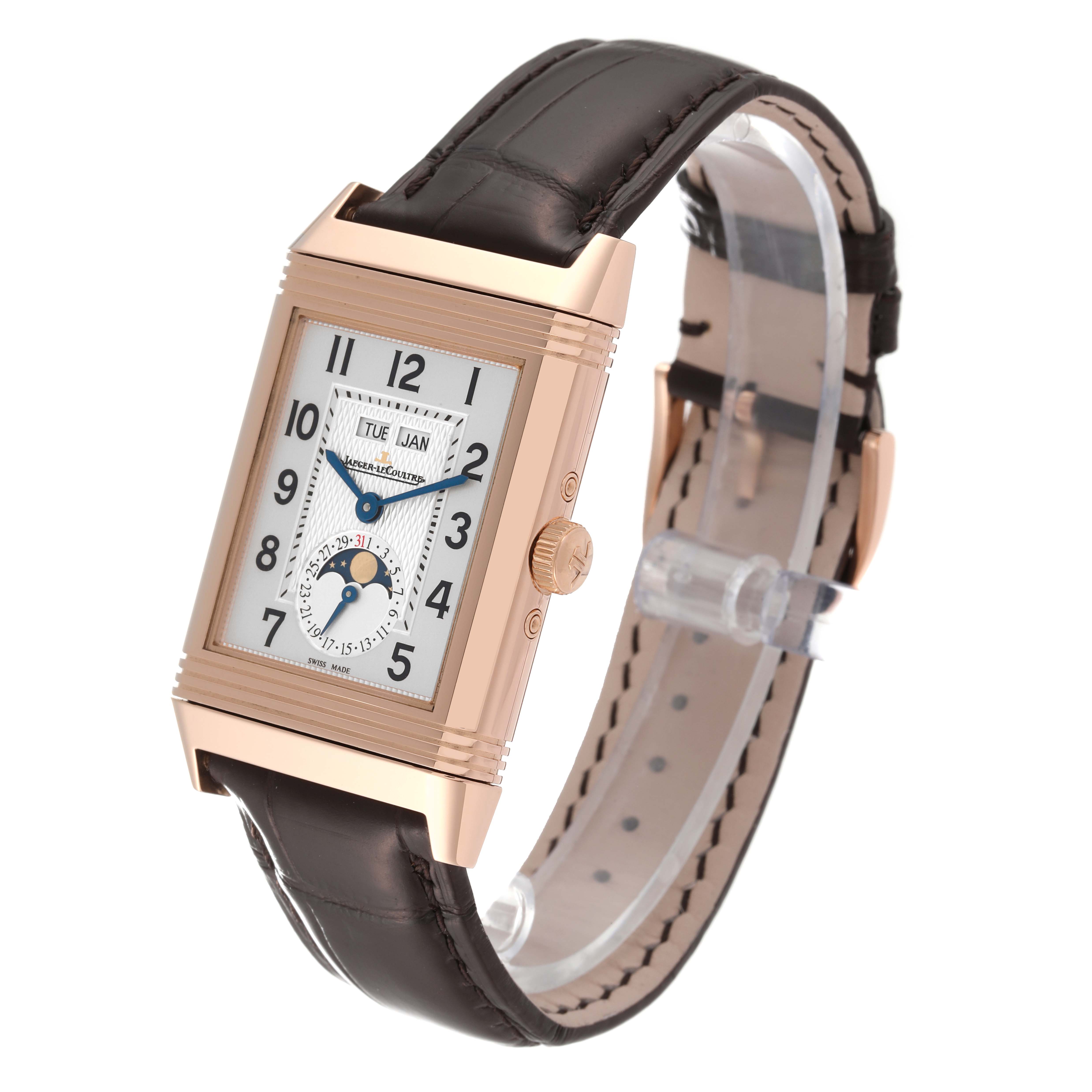 The angled view shows the Jaeger LeCoultre Reverso Q3752520 Men's Rose Gold Silver Dial Q3752520 Men's Rose Gold Silver Dial watch face, crown, case, and leather strap.