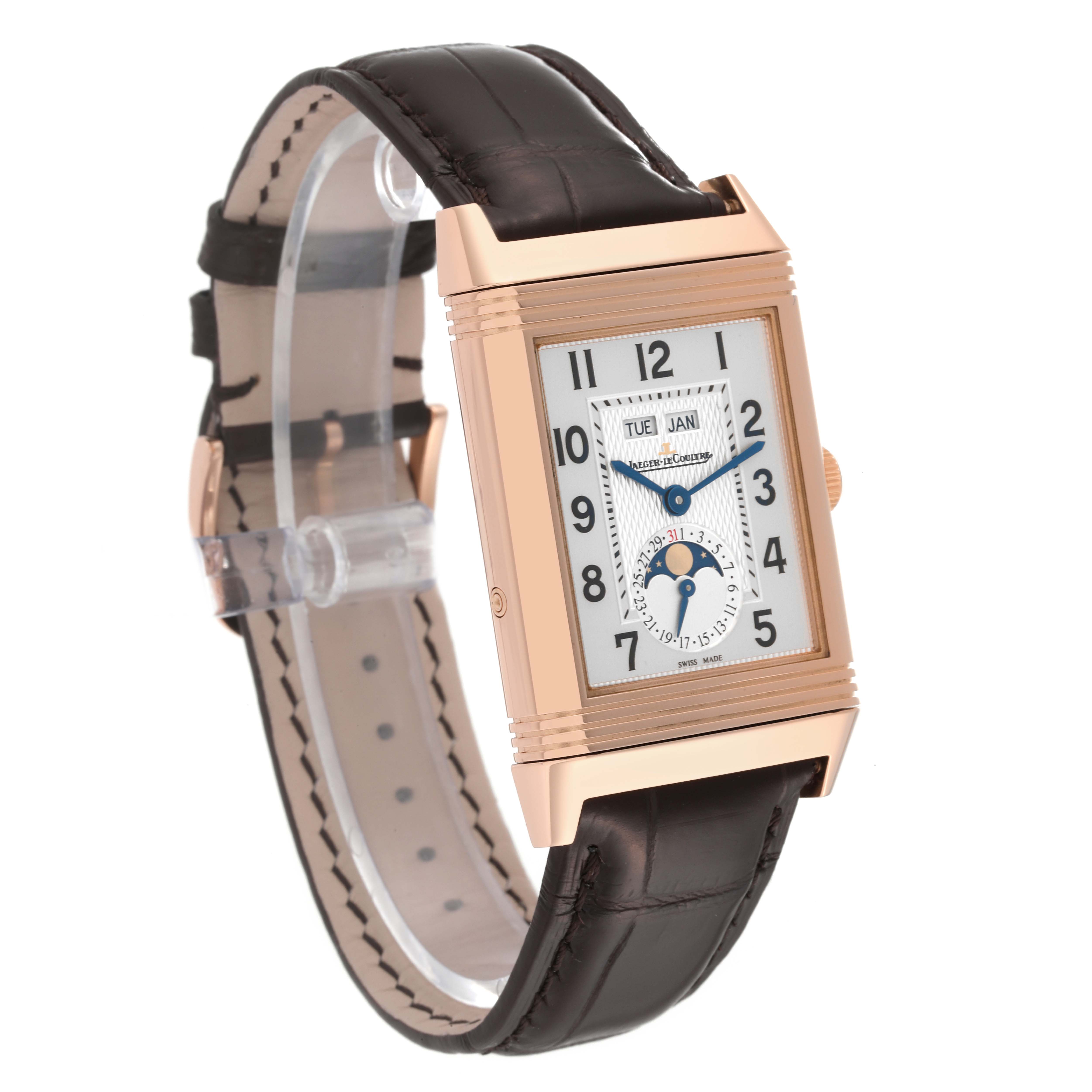 This Jaeger LeCoultre Reverso Q3752520 Men's Rose Gold Silver Dial Q3752520 Men's Rose Gold Silver Dial model watch is shown from an angled front view displaying the face, strap, and part of the buckle.