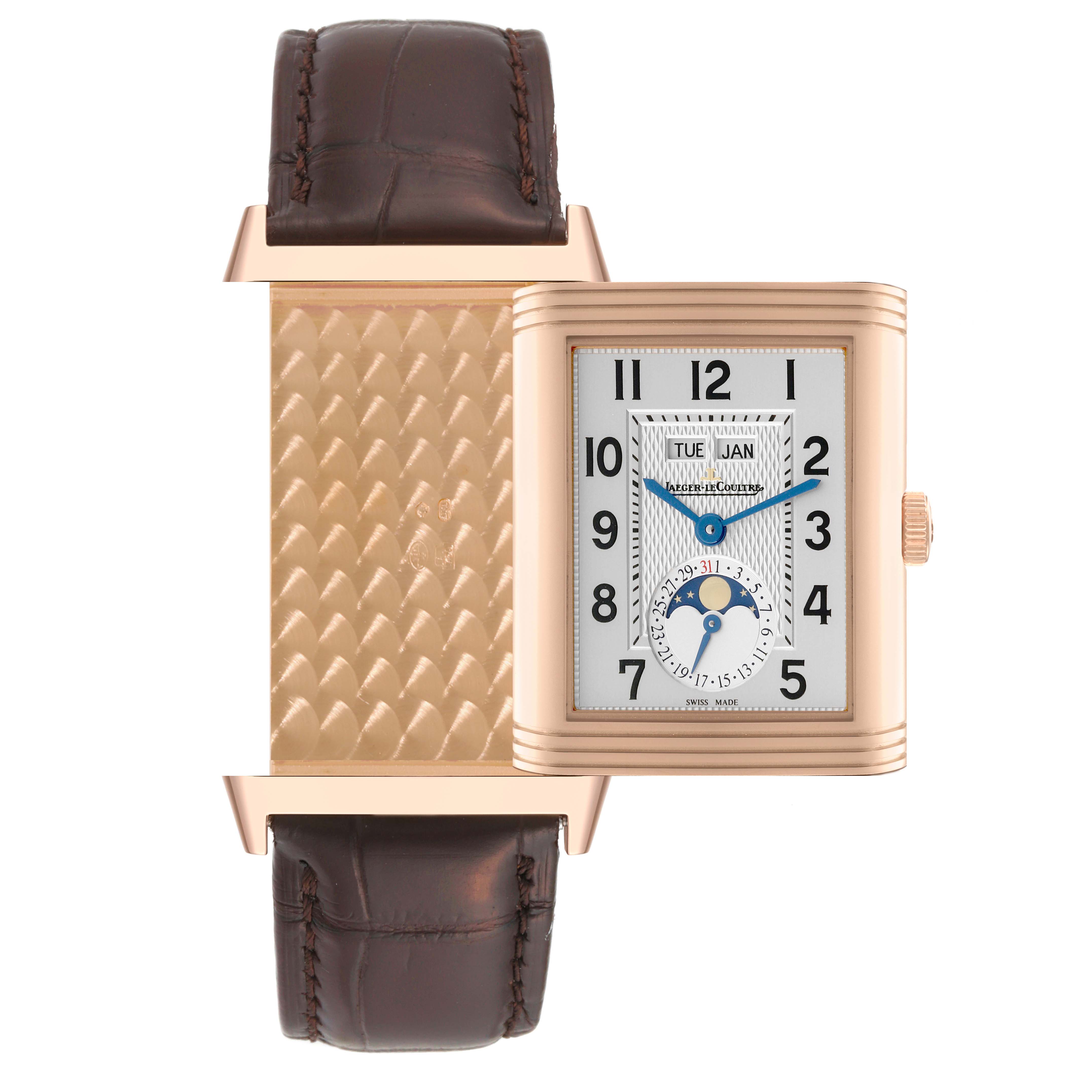 This image shows a front view of the Jaeger LeCoultre Reverso Q3752520 Men's Rose Gold Silver Dial Q3752520 Men's Rose Gold Silver Dial watch with its rotated case, revealing the detailed guilloché pattern.