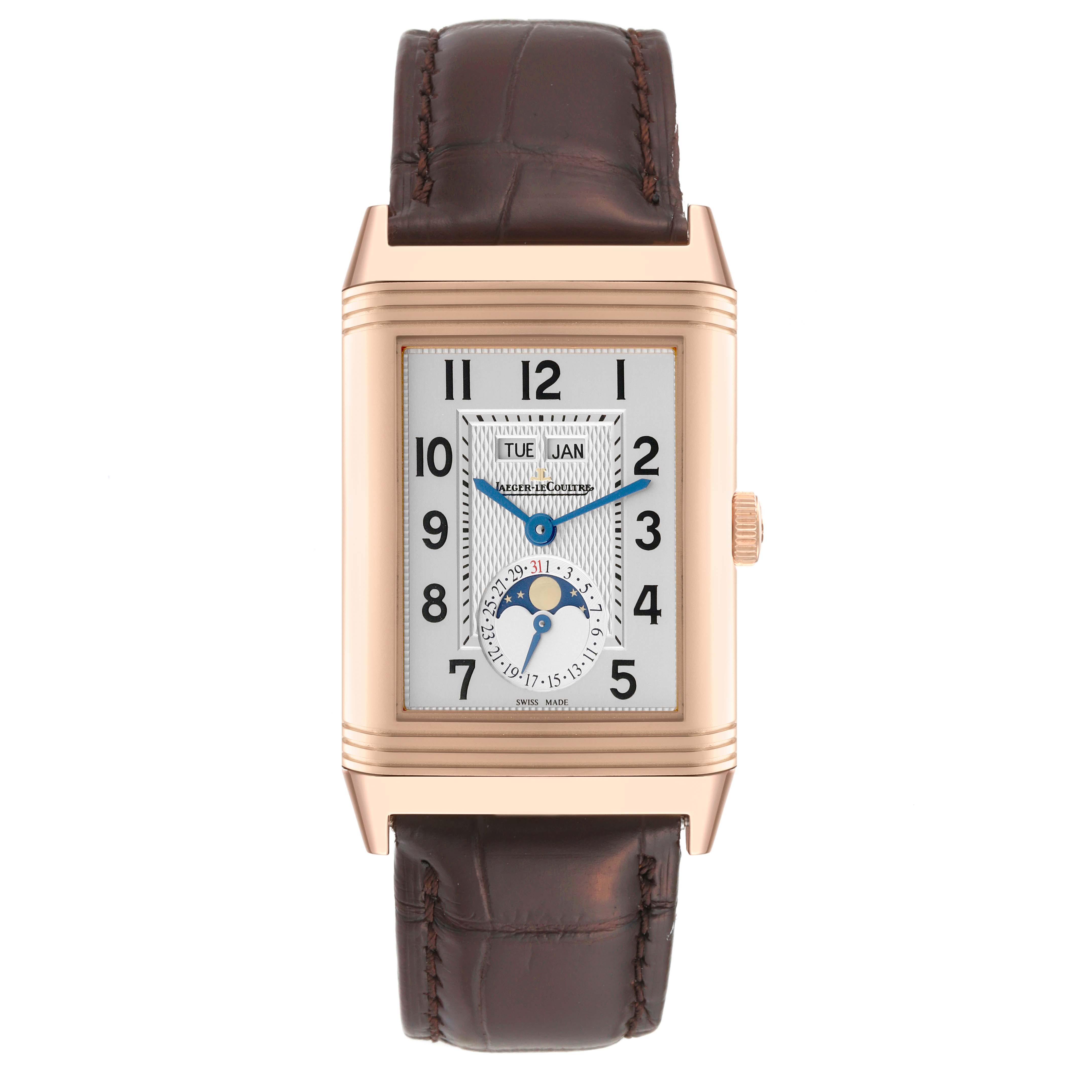 This image shows a frontal view of the Jaeger-LeCoultre Reverso watch, displaying its rectangular face and brown leather strap.