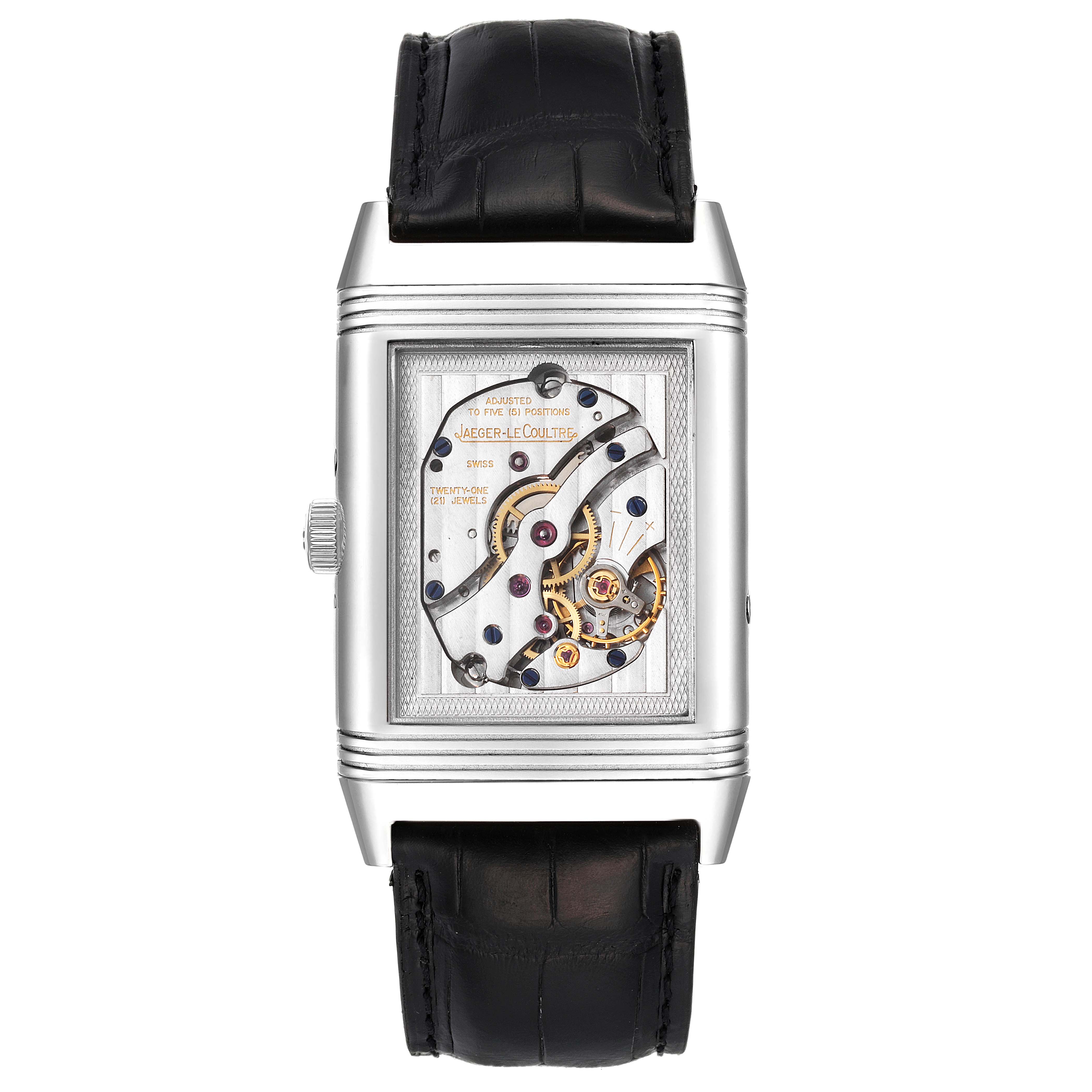 The Jaeger LeCoultre Reverso Q3758420 Men's Stainless Steel Silver Dial Q3758420 Men's Stainless Steel Silver Dial watch is shown from a straight-on angle, showcasing the intricate movement on the reverse side.