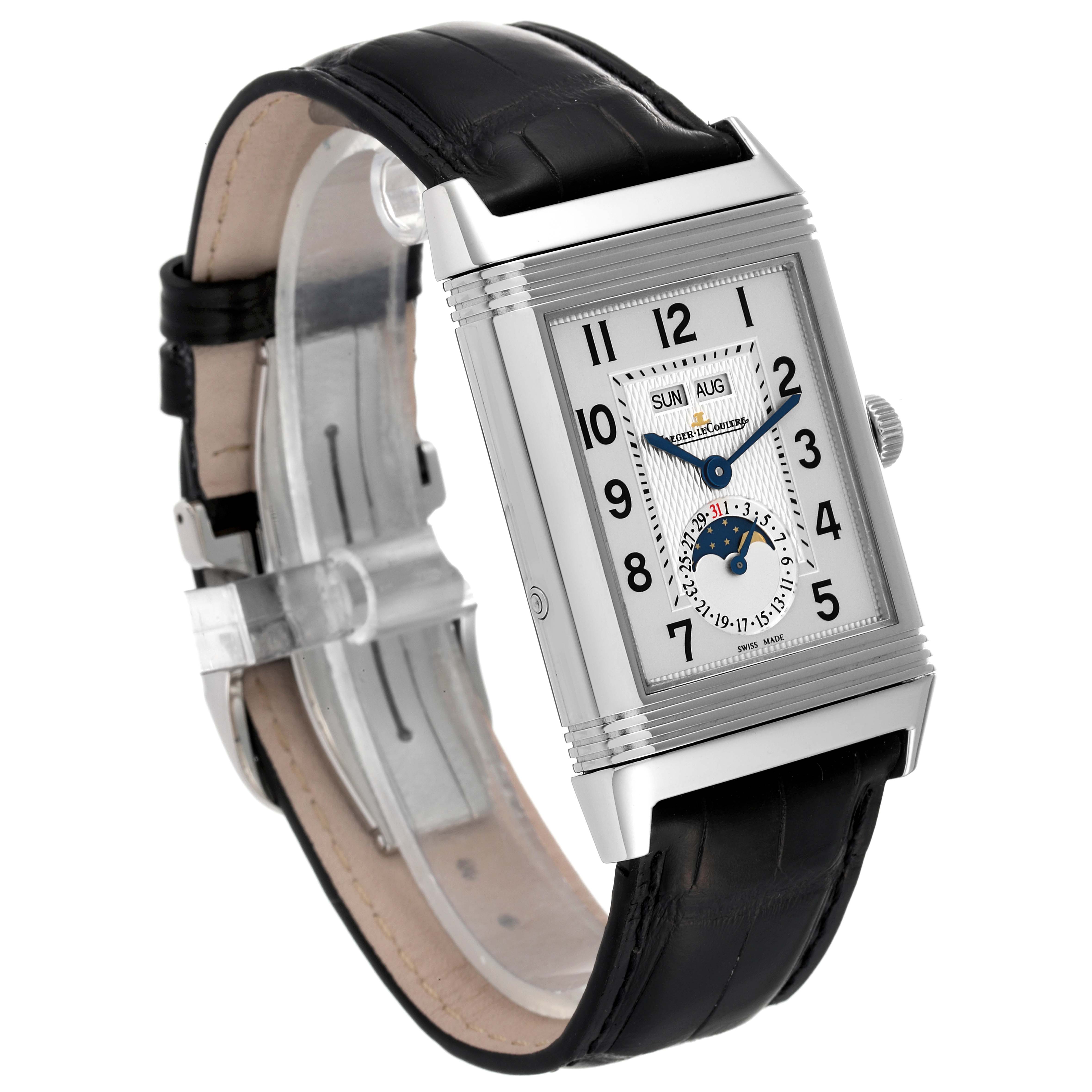 The image shows an angled front and left-side view of the Jaeger-LeCoultre Reverso model watch, displaying its dial, case, and leather strap.