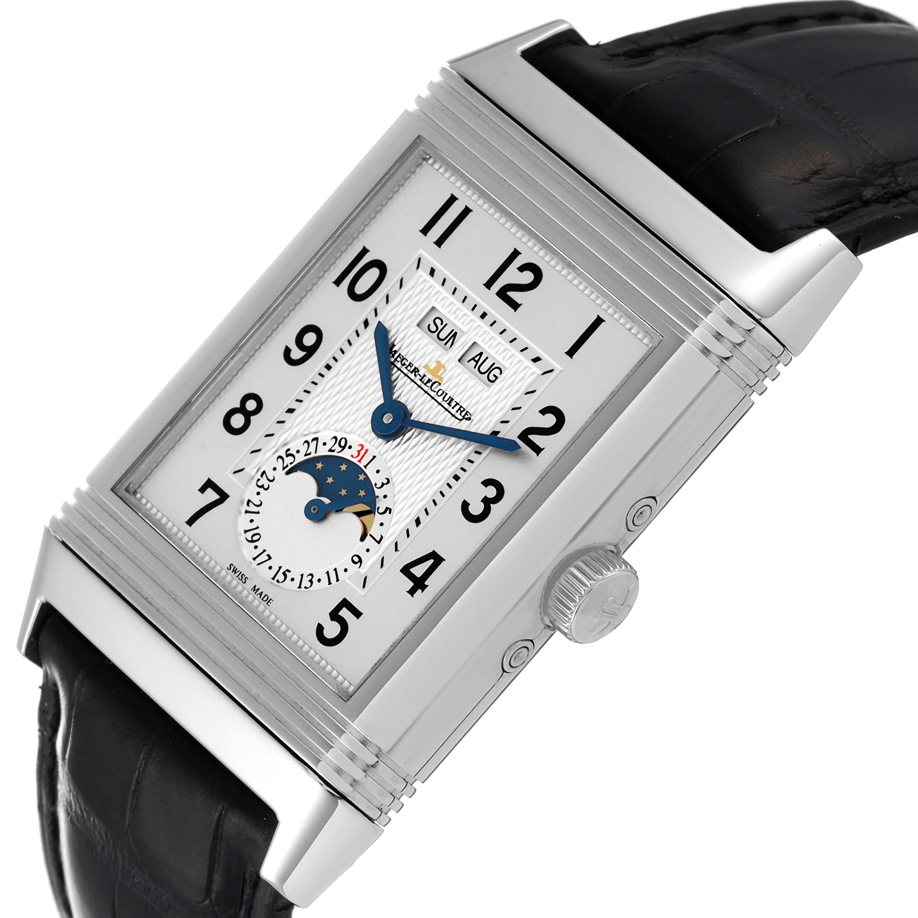 The Jaeger LeCoultre Reverso Q3758420 Men's Stainless Steel Silver Dial Q3758420 Men's Stainless Steel Silver Dial watch is shown at an angled view, displaying its rectangular face, crown, and leather strap.
