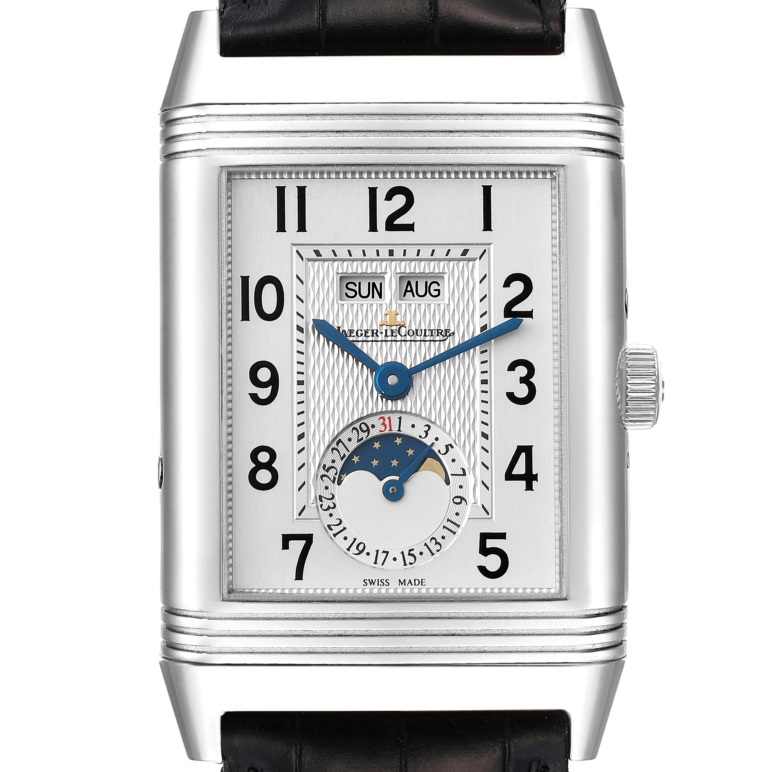 The image shows a head-on view of a Jaeger-LeCoultre Reverso watch featuring day, date, and moon phase complications.
