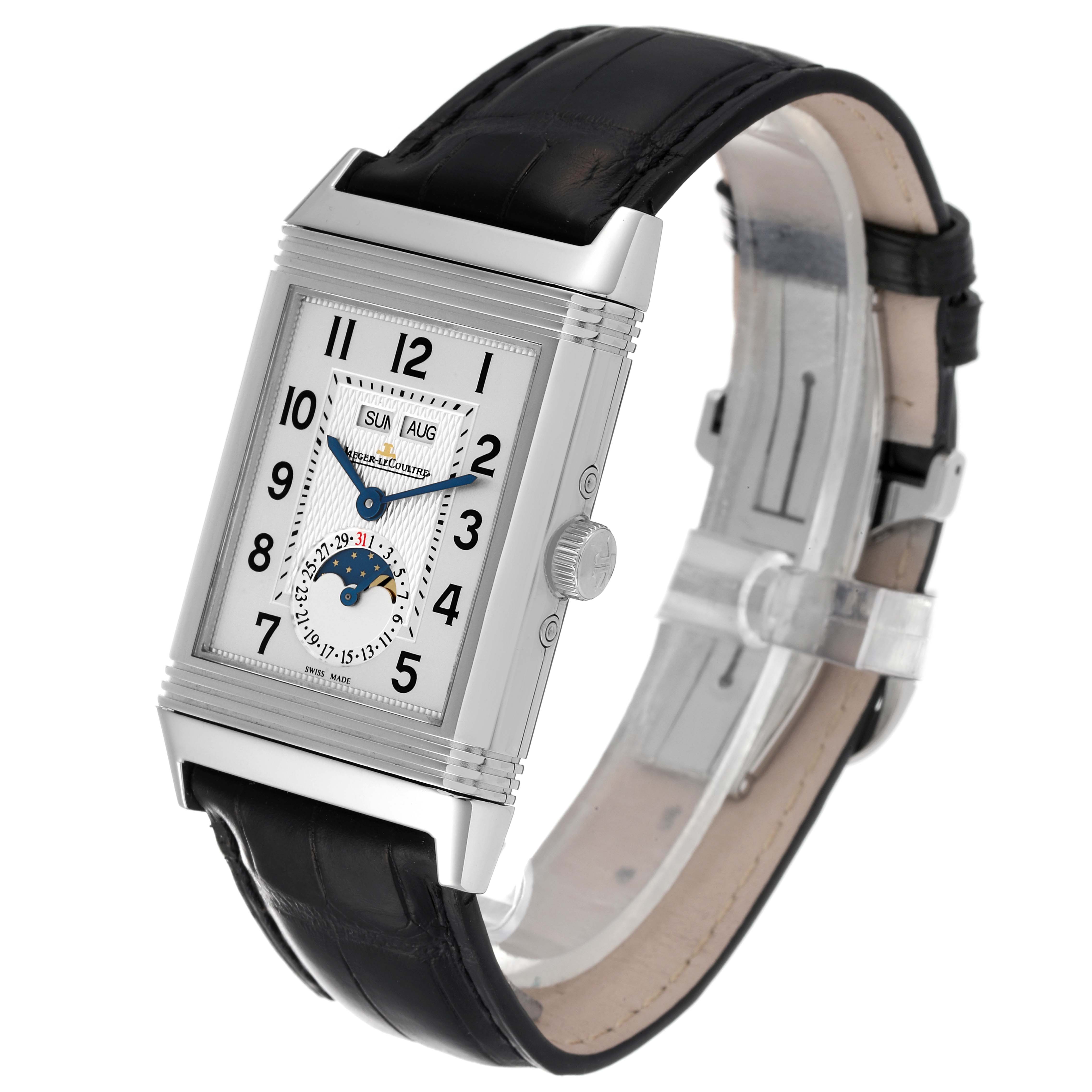 This image shows a Jaeger-LeCoultre Reverso watch at a side angle, highlighting the dial, case, and leather strap.