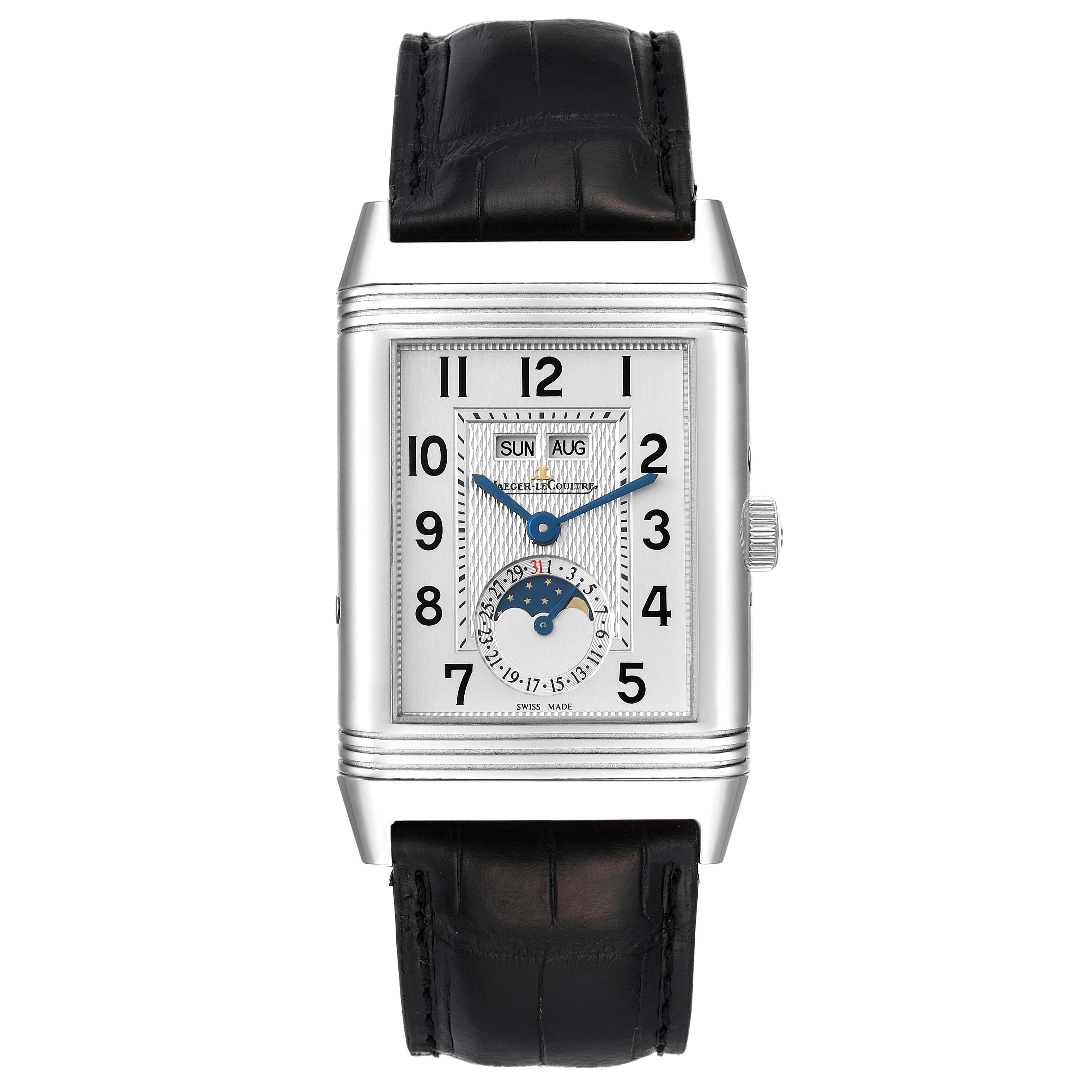 The image shows a front view of the Jaeger LeCoultre Reverso Q3758420 Men's Stainless Steel Silver Dial Q3758420 Men's Stainless Steel Silver Dial watch, displaying its rectangular dial and black leather strap.