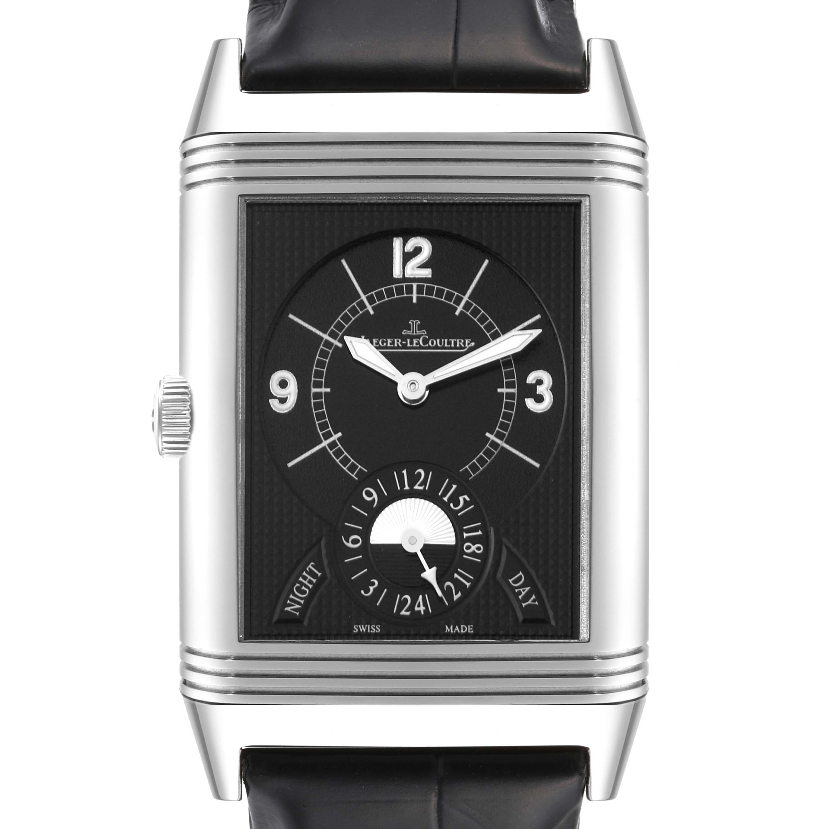 The image shows a front view of the Jaeger-LeCoultre Reverso watch, highlighting its rectangular face and black dial.