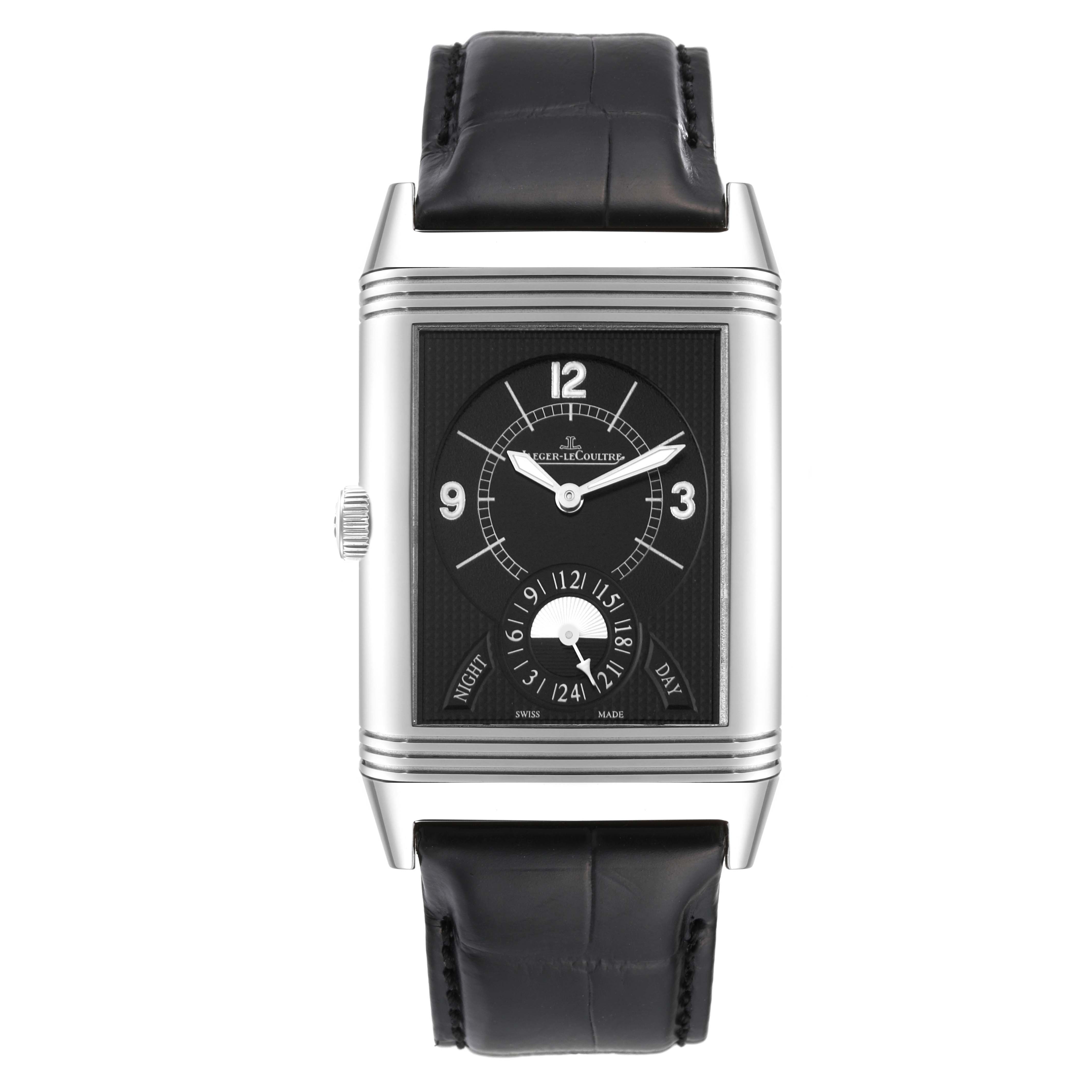 This image shows a frontal view of the Jaeger-LeCoultre Reverso watch, highlighting its dial, case, and leather strap.