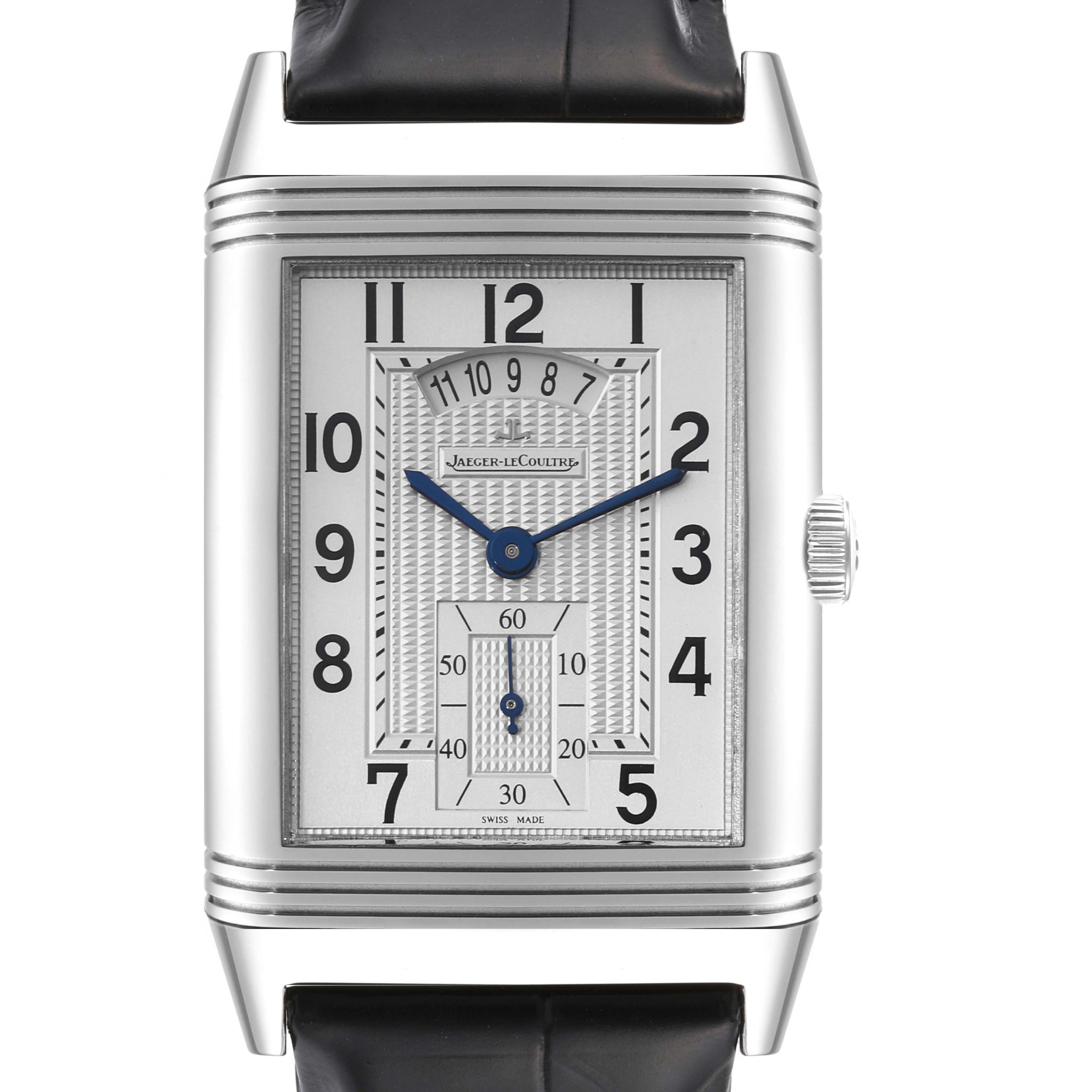 This is a front view of the Jaeger LeCoultre Reverso Q3748421 Men
s Stainless Steel Silver Dial Q3748421 Men
s Stainless Steel Silver Dial watch showcasing its rectangular dial, numerals, and leather strap.