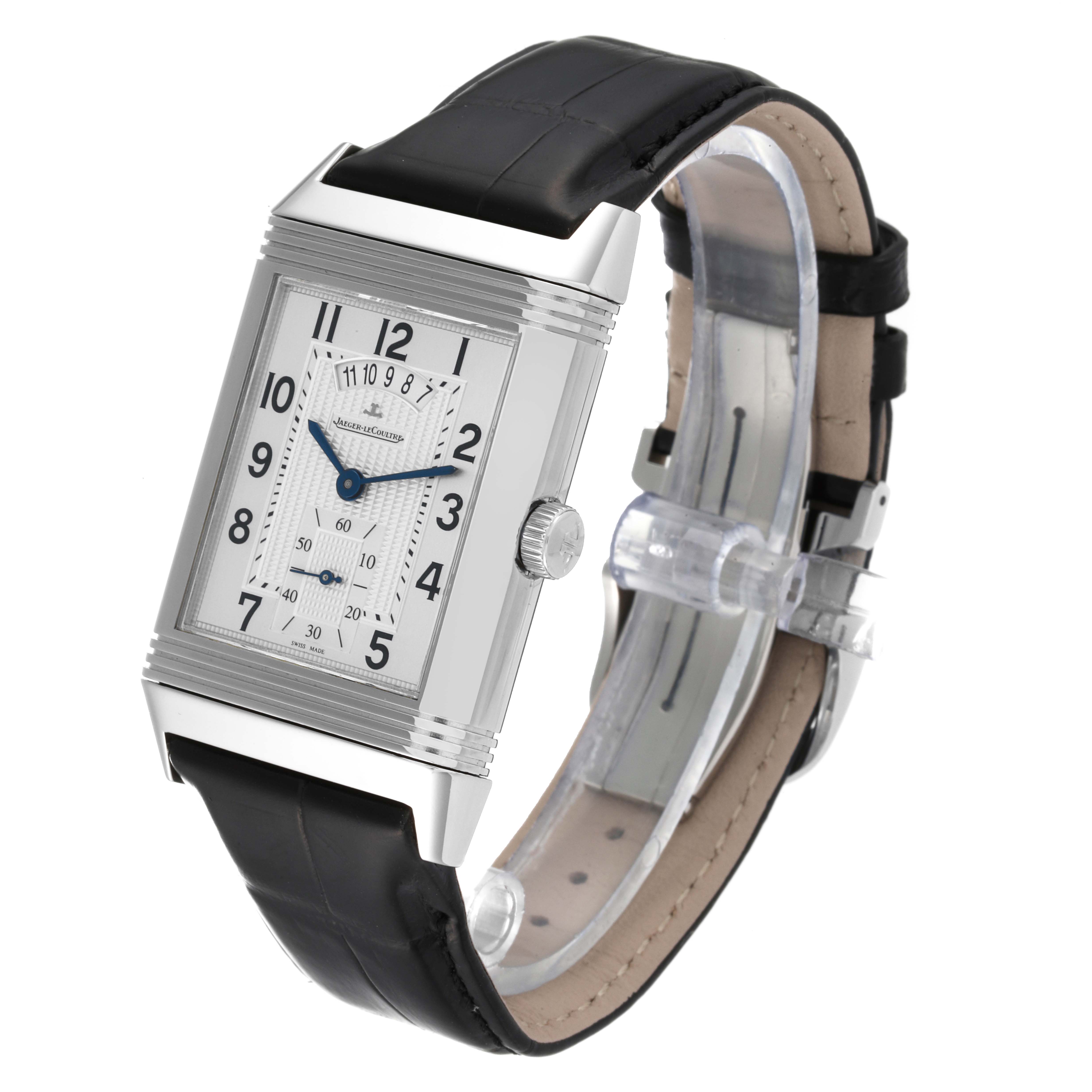 The image shows a Jaeger LeCoultre Reverso Q3748421 Men
s Stainless Steel Silver Dial Q3748421 Men
s Stainless Steel Silver Dial watch at an angled view, displaying its rectangular face, dial, crown, and black leather strap.