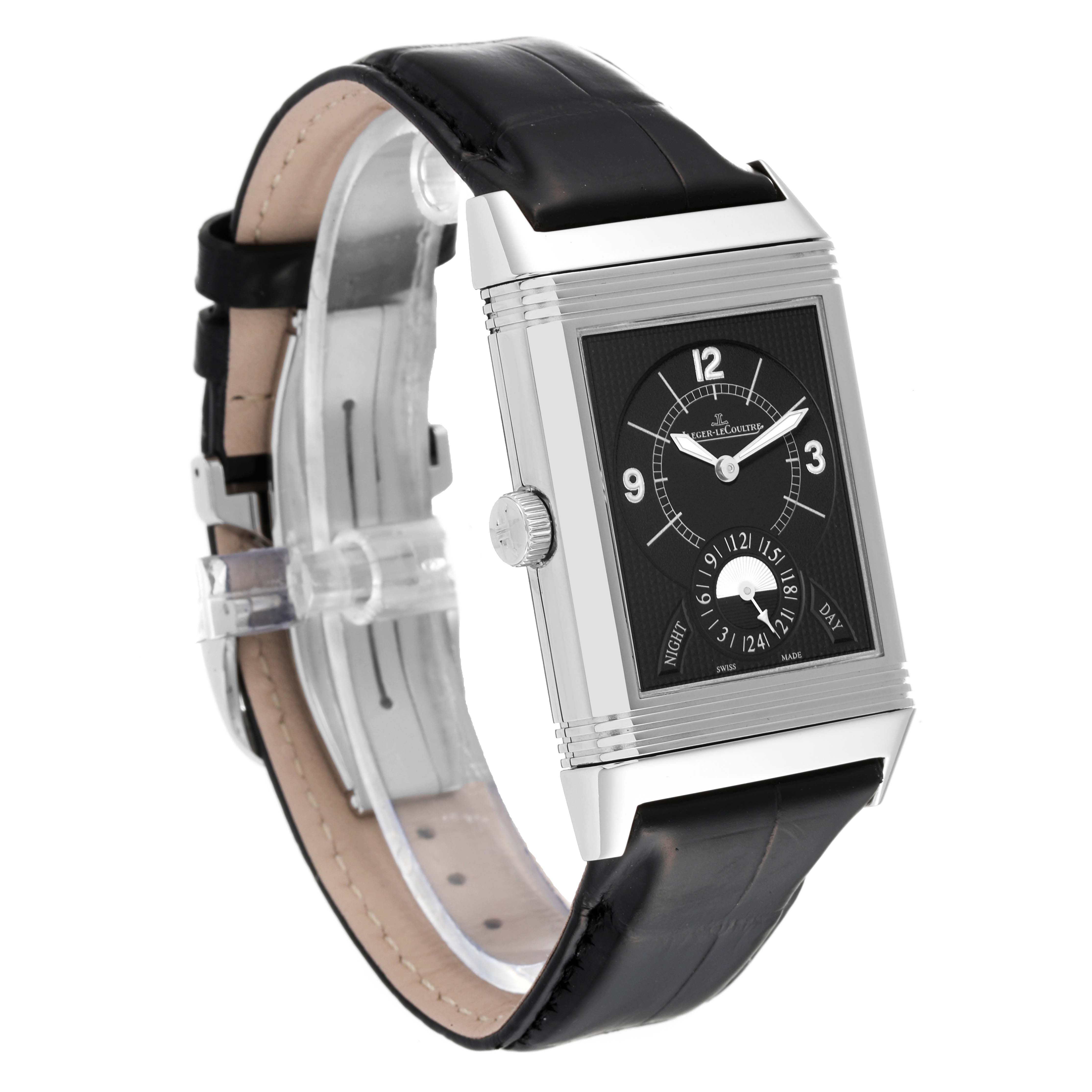 The image shows a Jaeger LeCoultre Reverso Q3748421 Men
s Stainless Steel Silver Dial Q3748421 Men
s Stainless Steel Silver Dial watch from a three-quarter angle, highlighting its face, case, crown, and black leather strap.