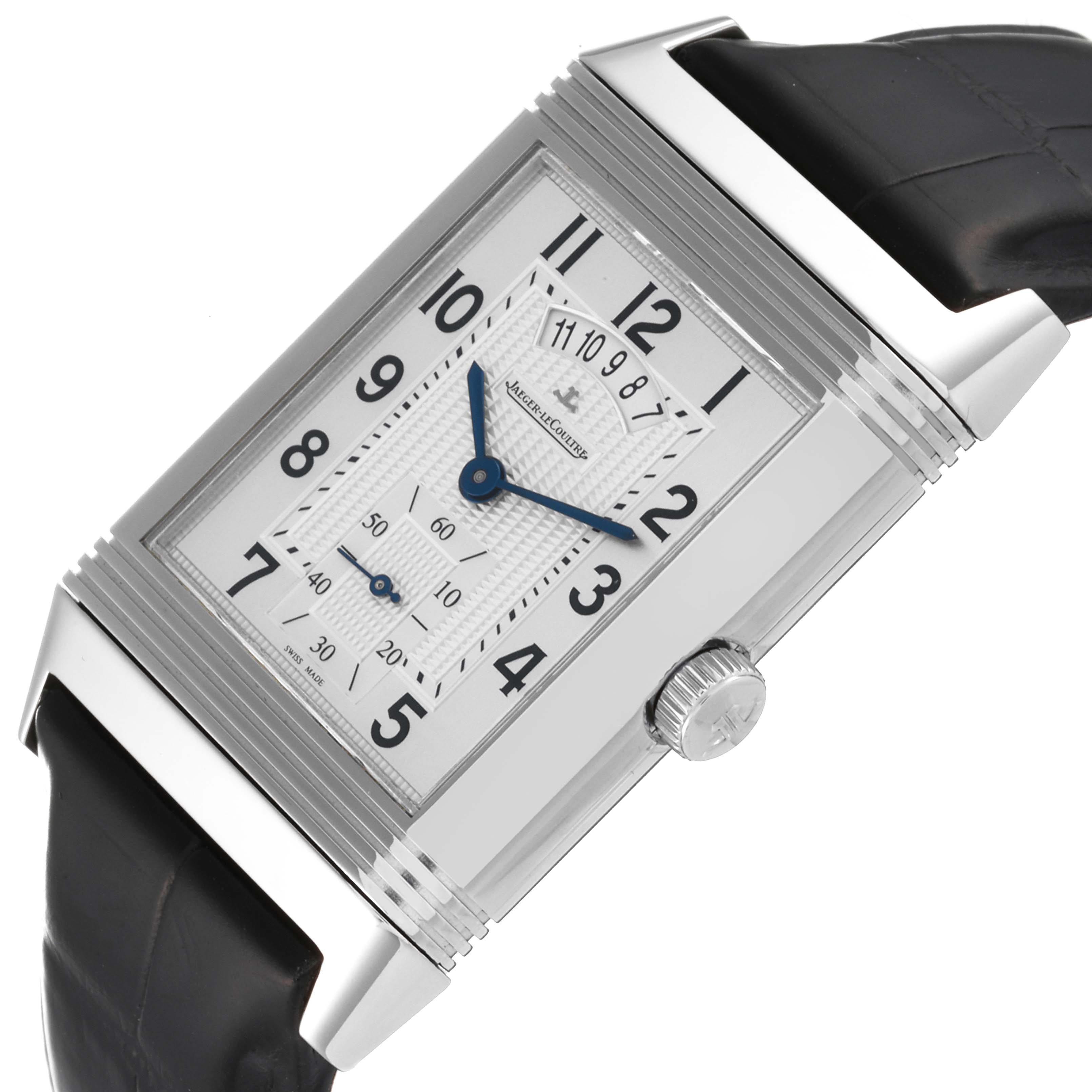 This image shows the front view of a Jaeger LeCoultre Reverso Q3748421 Men
s Stainless Steel Silver Dial Q3748421 Men
s Stainless Steel Silver Dial watch, highlighting its dial, hour markers, hands, and crown.