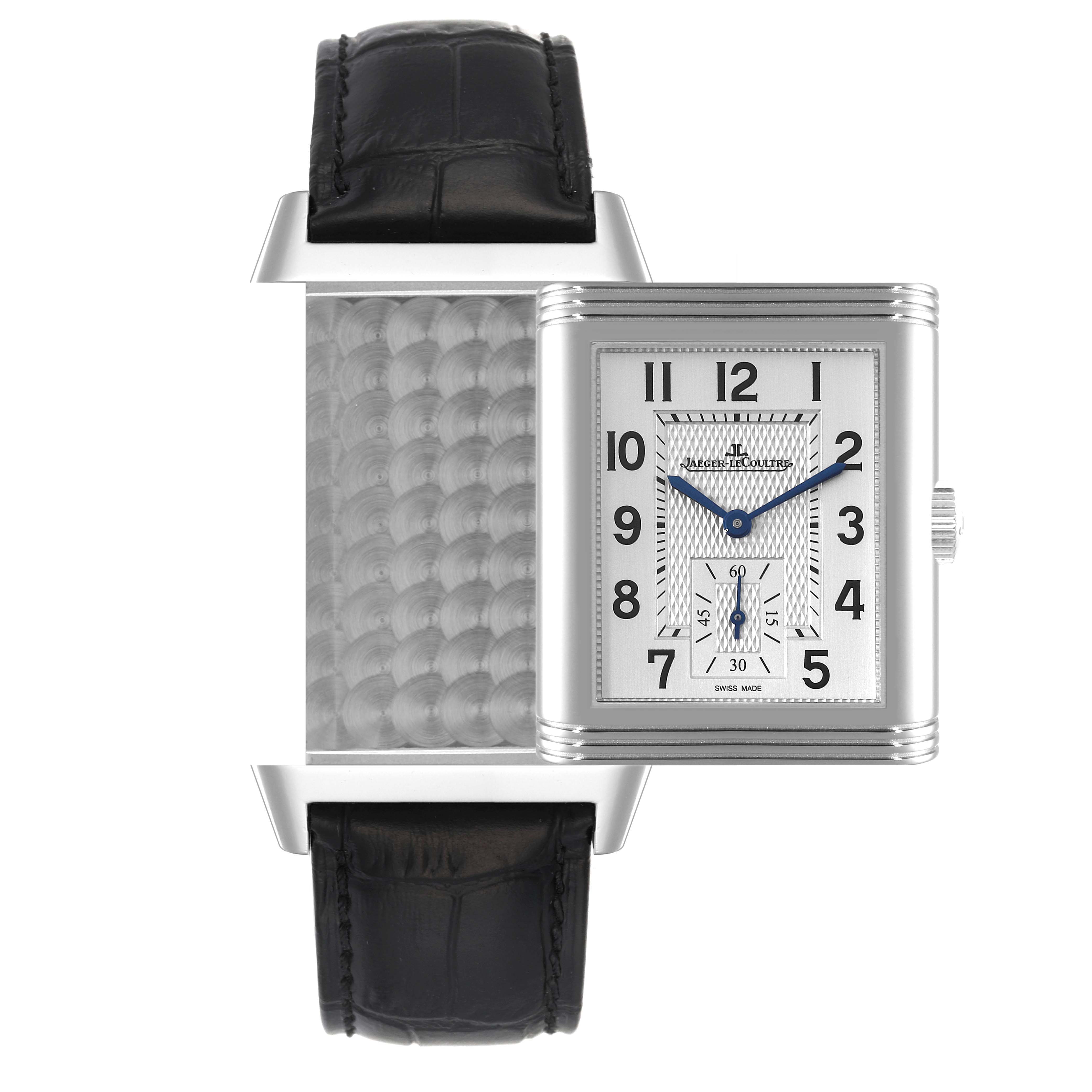 The image shows the front and back of a Jaeger LeCoultre Reverso Q3848420 Men's Stainless Steel Silver Dial Q3848420 Men's Stainless Steel Silver Dial watch, highlighting its reversible case and black leather strap.