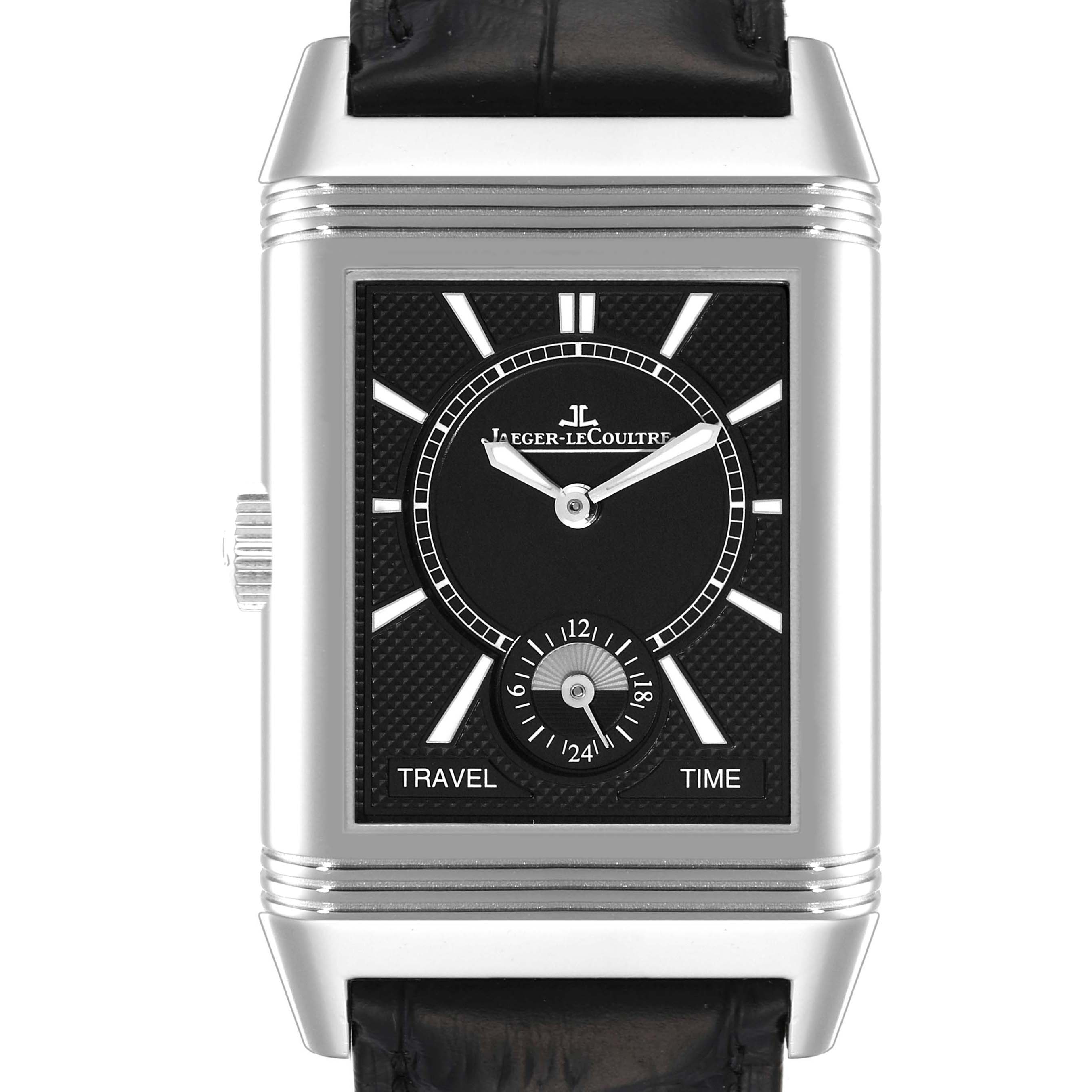 The image shows a frontal view of a Jaeger-LeCoultre Reverso model, highlighting the watch face, crown, and part of the leather strap.