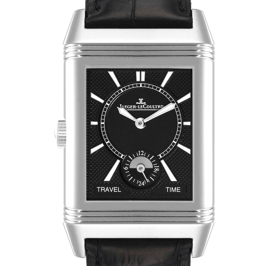 The image shows a frontal view of a Jaeger-LeCoultre Reverso model, highlighting the watch face, crown, and part of the leather strap.