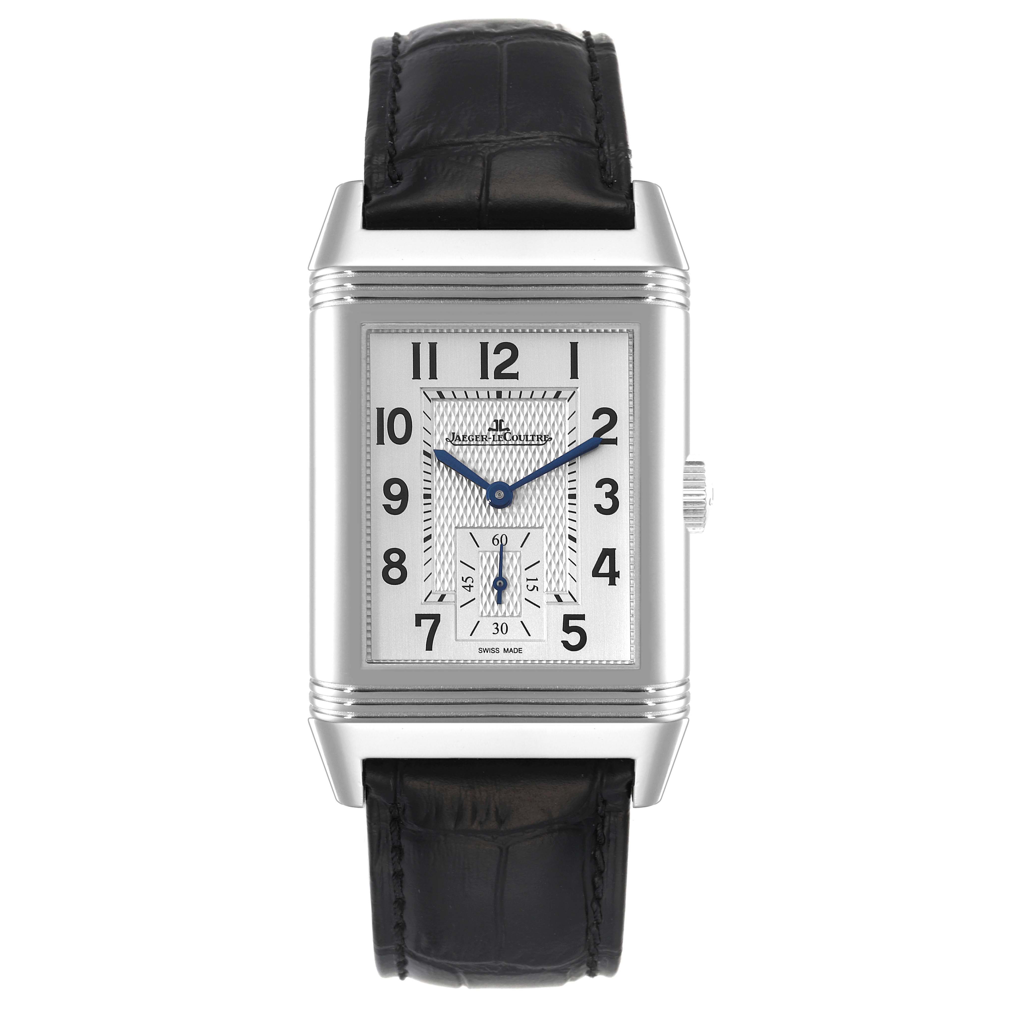 The image shows a front view of a Jaeger LeCoultre Reverso Q3848420 Men's Stainless Steel Silver Dial Q3848420 Men's Stainless Steel Silver Dial watch featuring its rectangular dial and black leather strap.