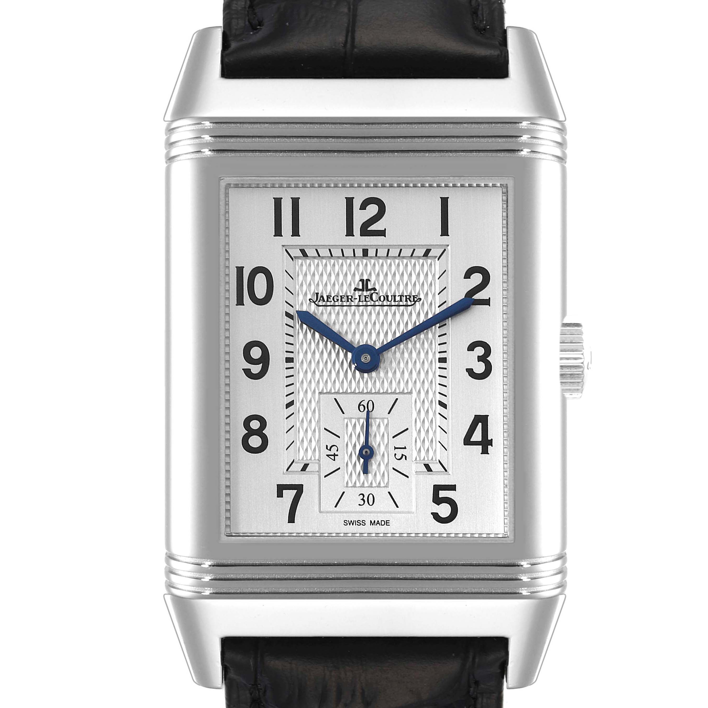 The image shows a front view of the Jaeger-LeCoultre Reverso watch, displaying its dial, hands, and crown.