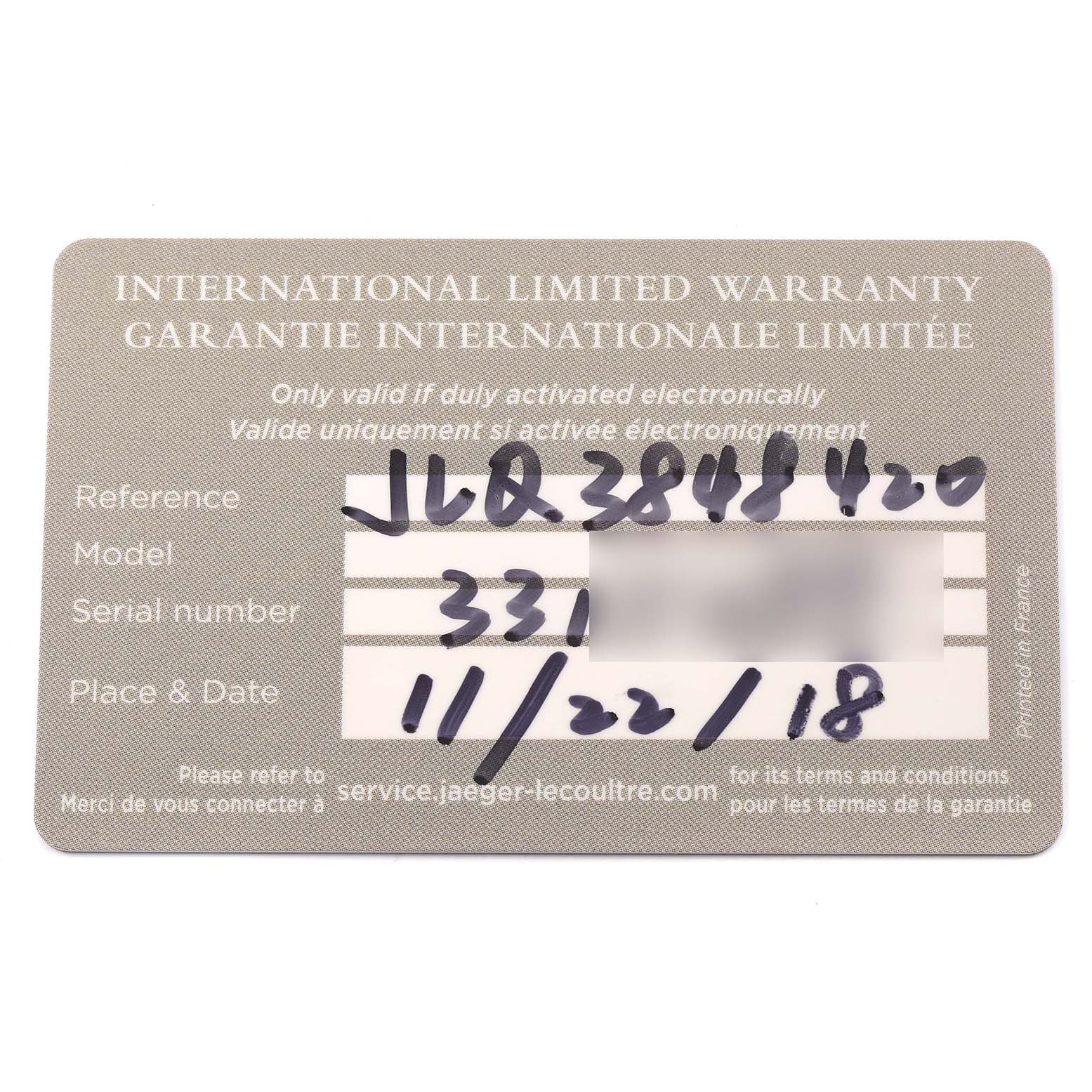 This image shows the front side of the international limited warranty card for the Reverso model by Jaeger LeCoultre.