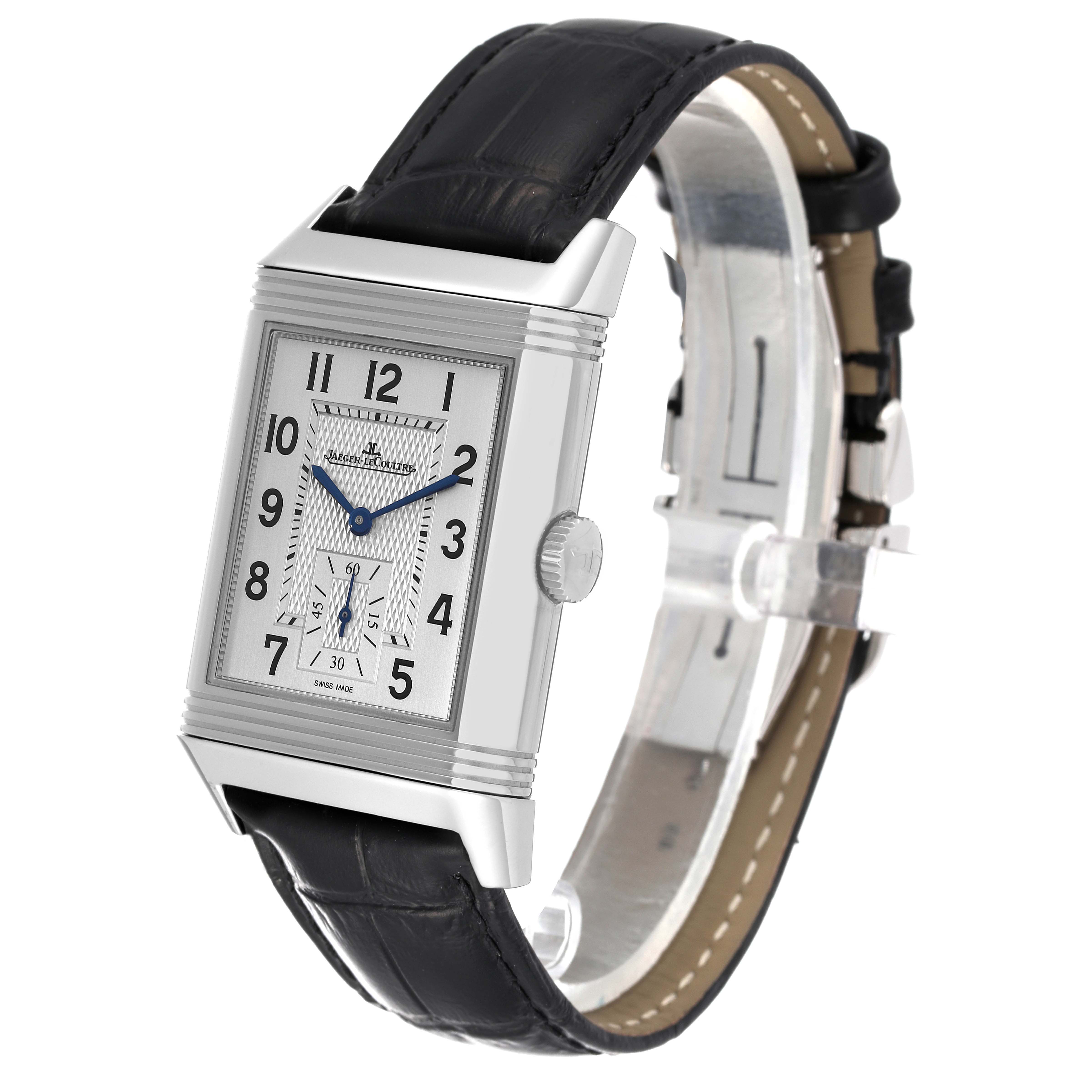 The image shows a Jaeger LeCoultre Reverso Q3848420 Men's Stainless Steel Silver Dial Q3848420 Men's Stainless Steel Silver Dial watch with a rectangular face, silver dial, and black leather strap at a 3/4 angle.