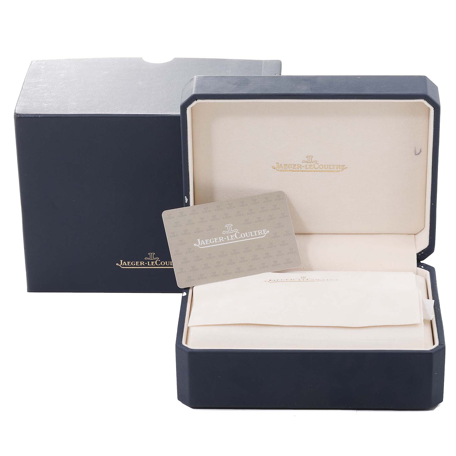 The image shows an open Jaeger LeCoultre Reverso Q3848420 Men's Stainless Steel Silver Dial Q3848420 Men's Stainless Steel Silver Dial model watch box with a warranty card and outer packaging.