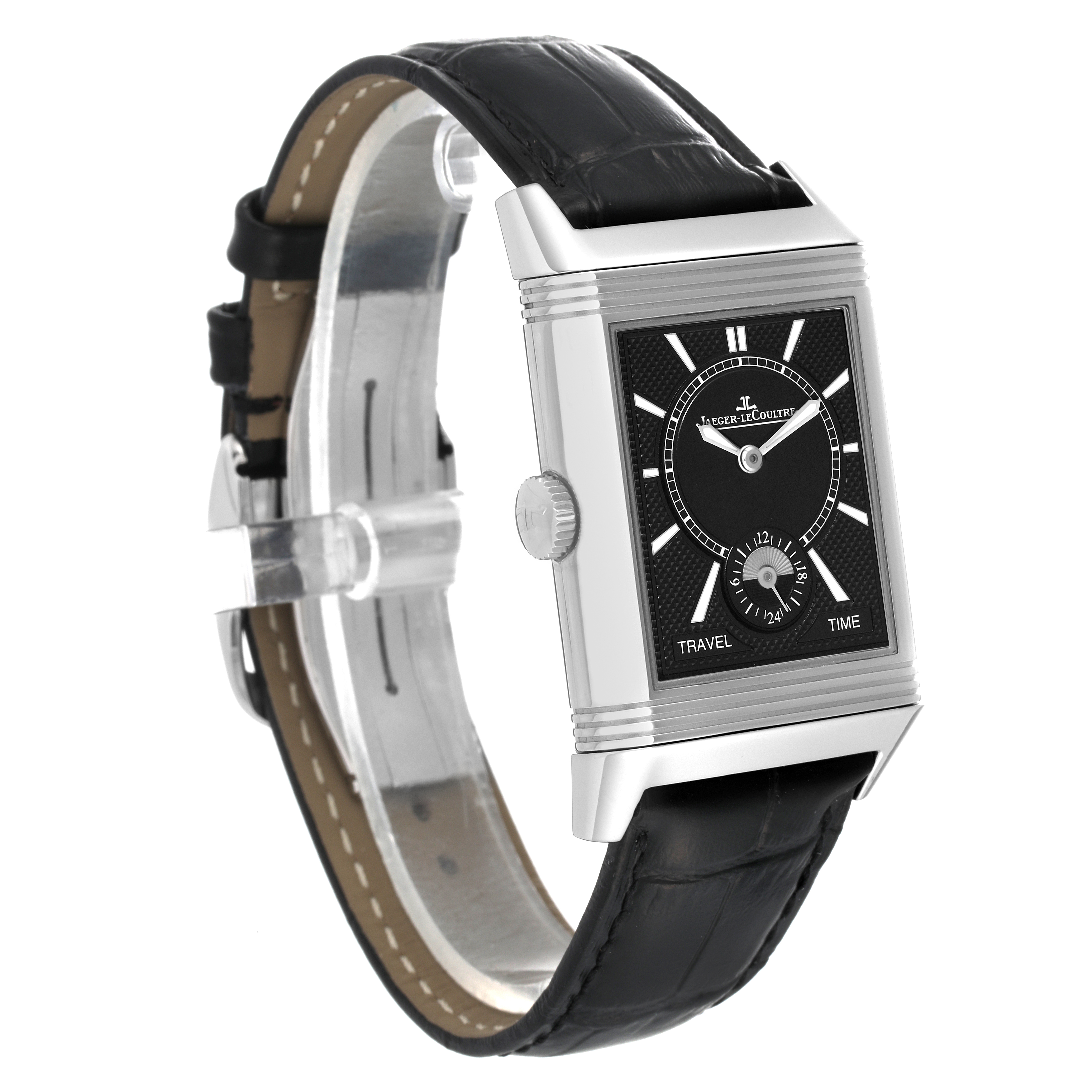 The image shows a Jaeger-LeCoultre Reverso watch at a three-quarter angle, displaying its face, case, and black leather strap.