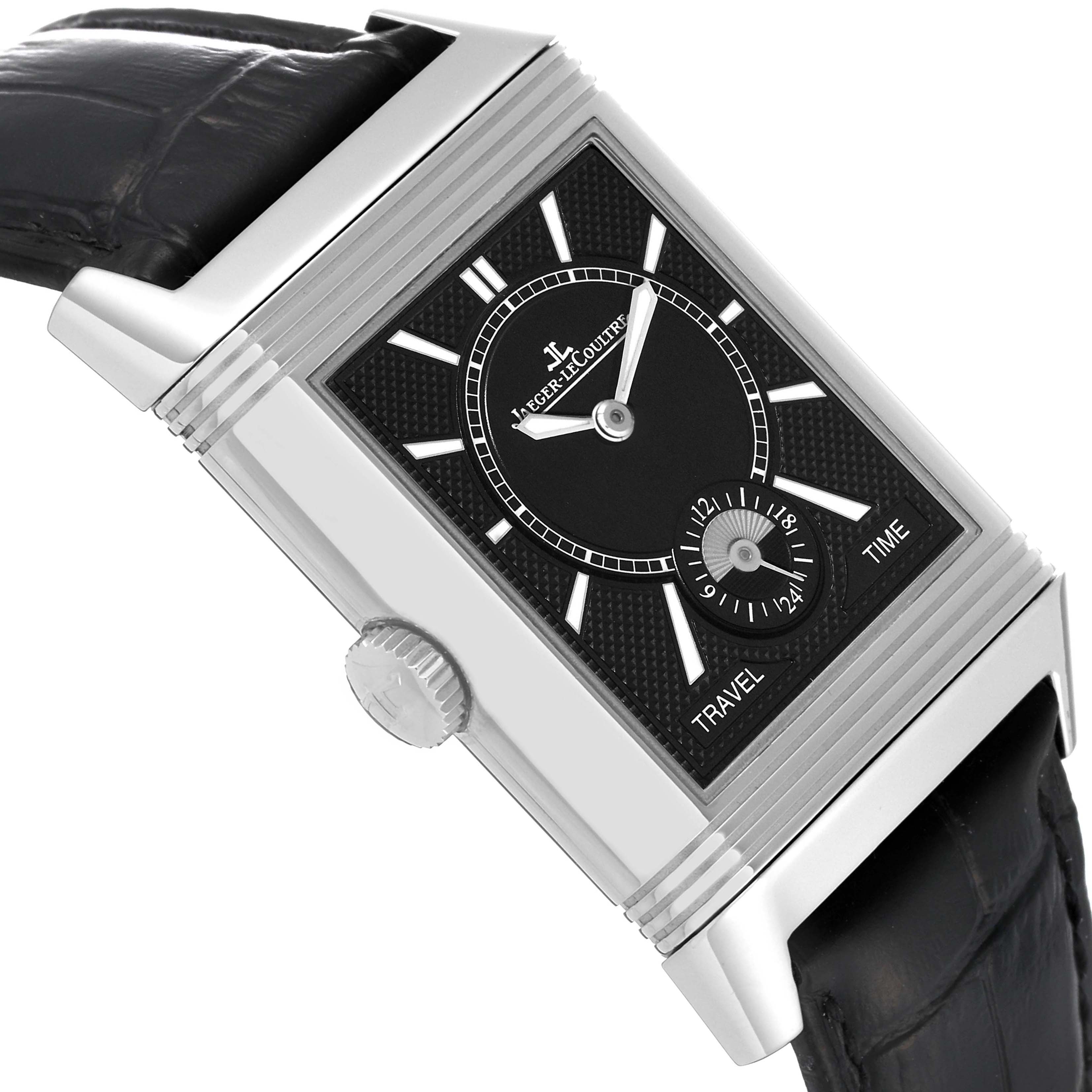 The image shows a Jaeger LeCoultre Reverso Q3848420 Men's Stainless Steel Silver Dial Q3848420 Men's Stainless Steel Silver Dial watch at an angled view, highlighting its dial, crown, and leather strap.