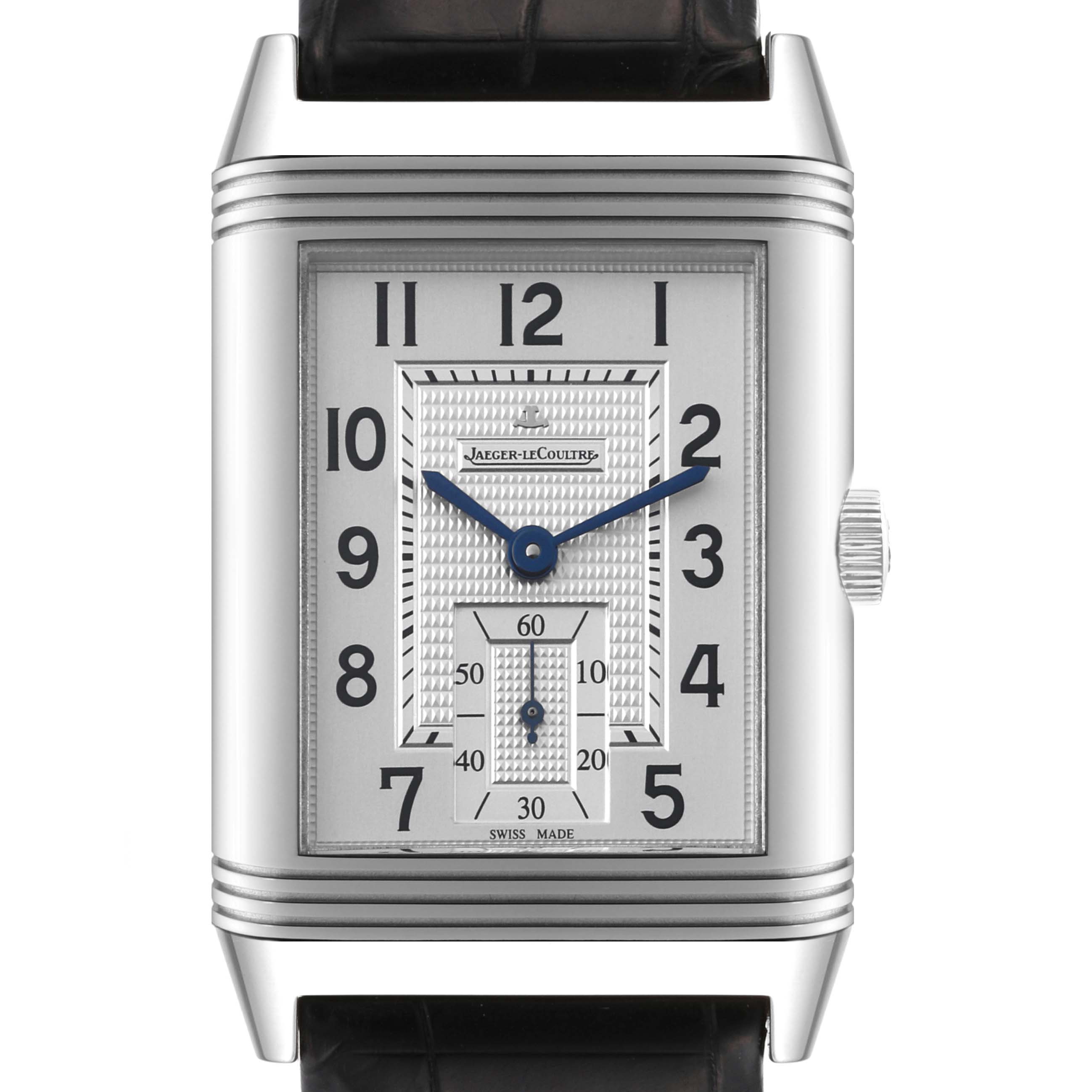 This is a front view of a Jaeger LeCoultre Reverso Q3738420 Men's Stainless Steel Silver Dial Q3738420 Men's Stainless Steel Silver Dial watch showing the dial, hands, numerals, and part of the strap.
