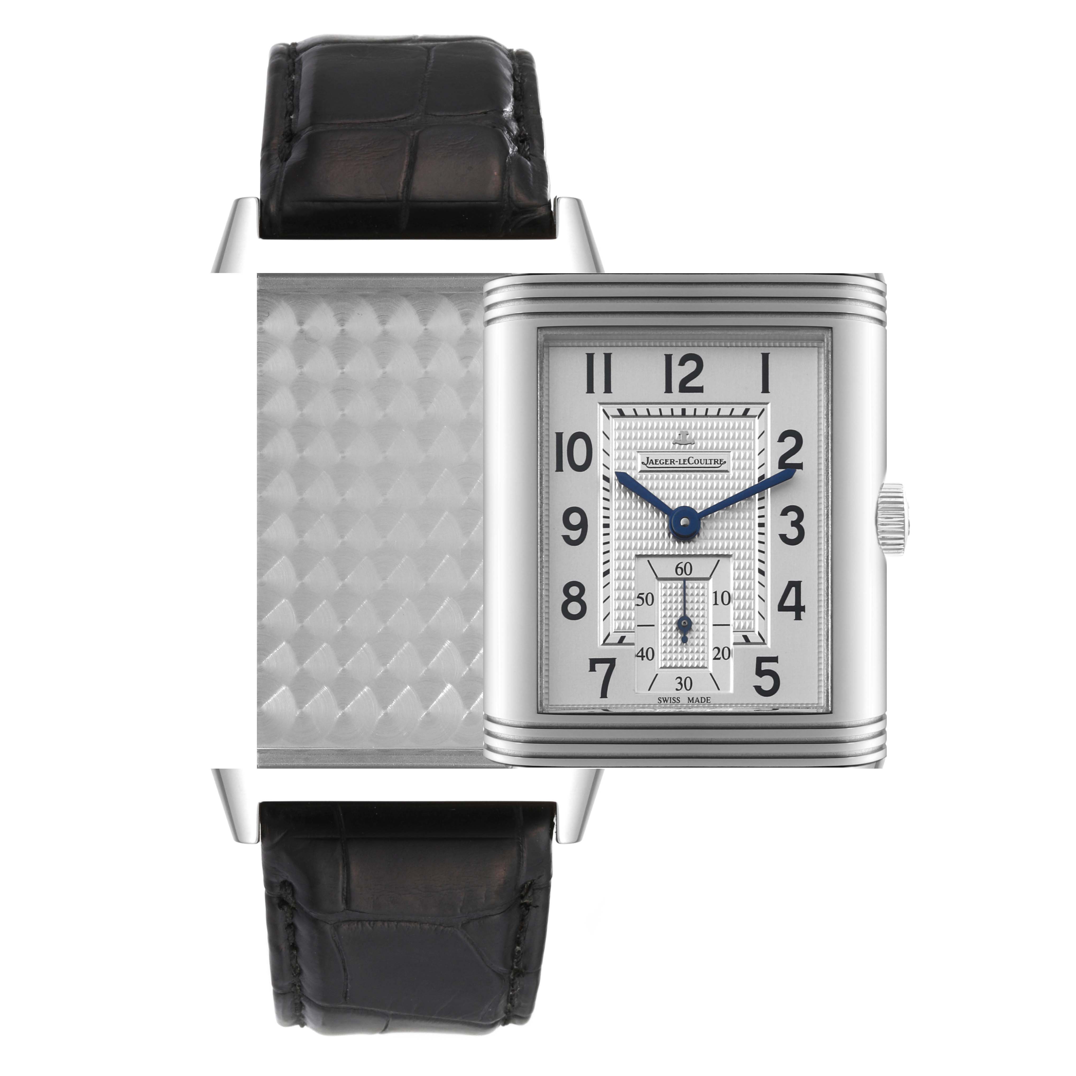 The image shows the Jaeger-LeCoultre Reverso watch displaying its rectangular face and open case back with a leather strap.