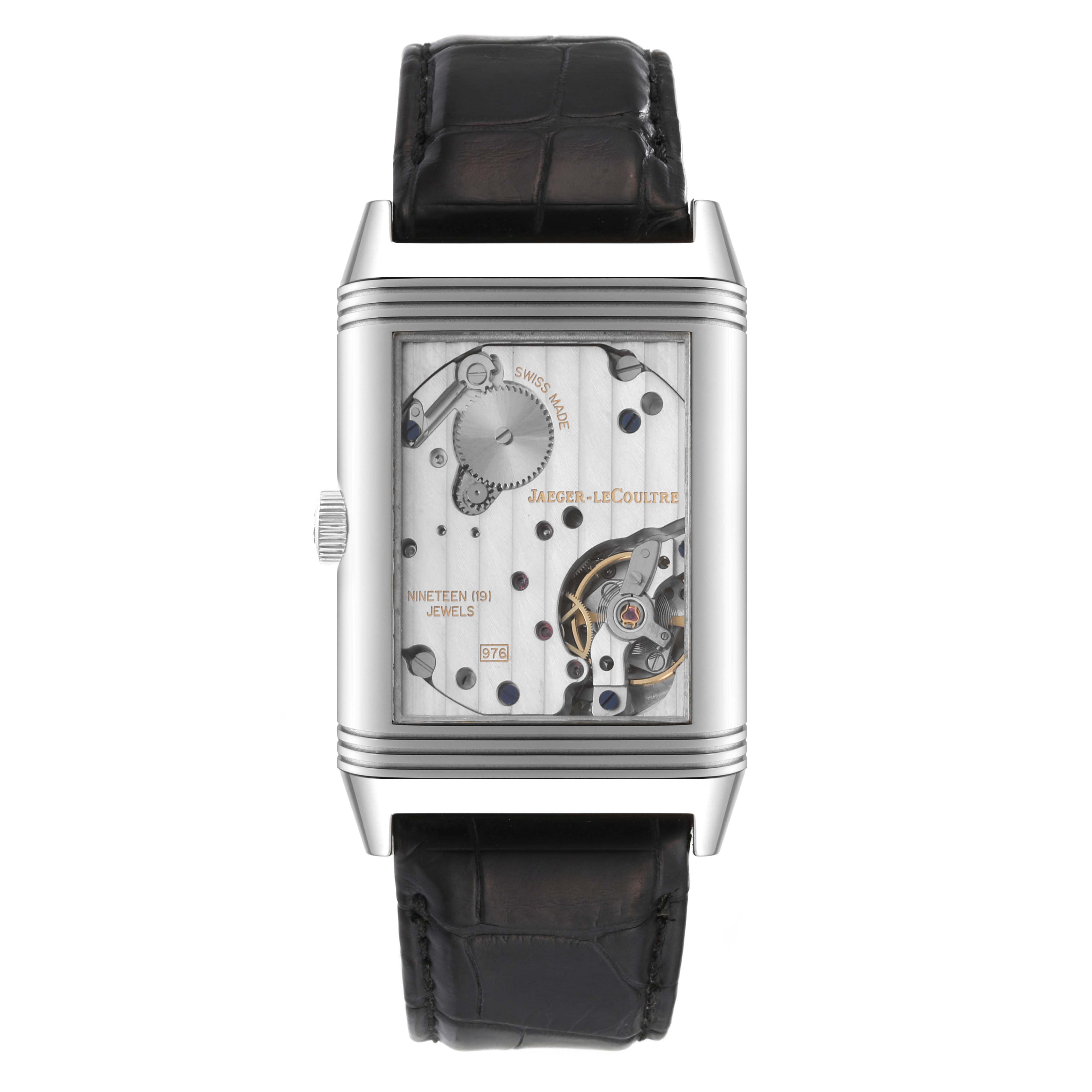 This image shows the back of the Jaeger LeCoultre Reverso Q3738420 Men's Stainless Steel Silver Dial Q3738420 Men's Stainless Steel Silver Dial watch, displaying its internal mechanical movement and black leather strap.