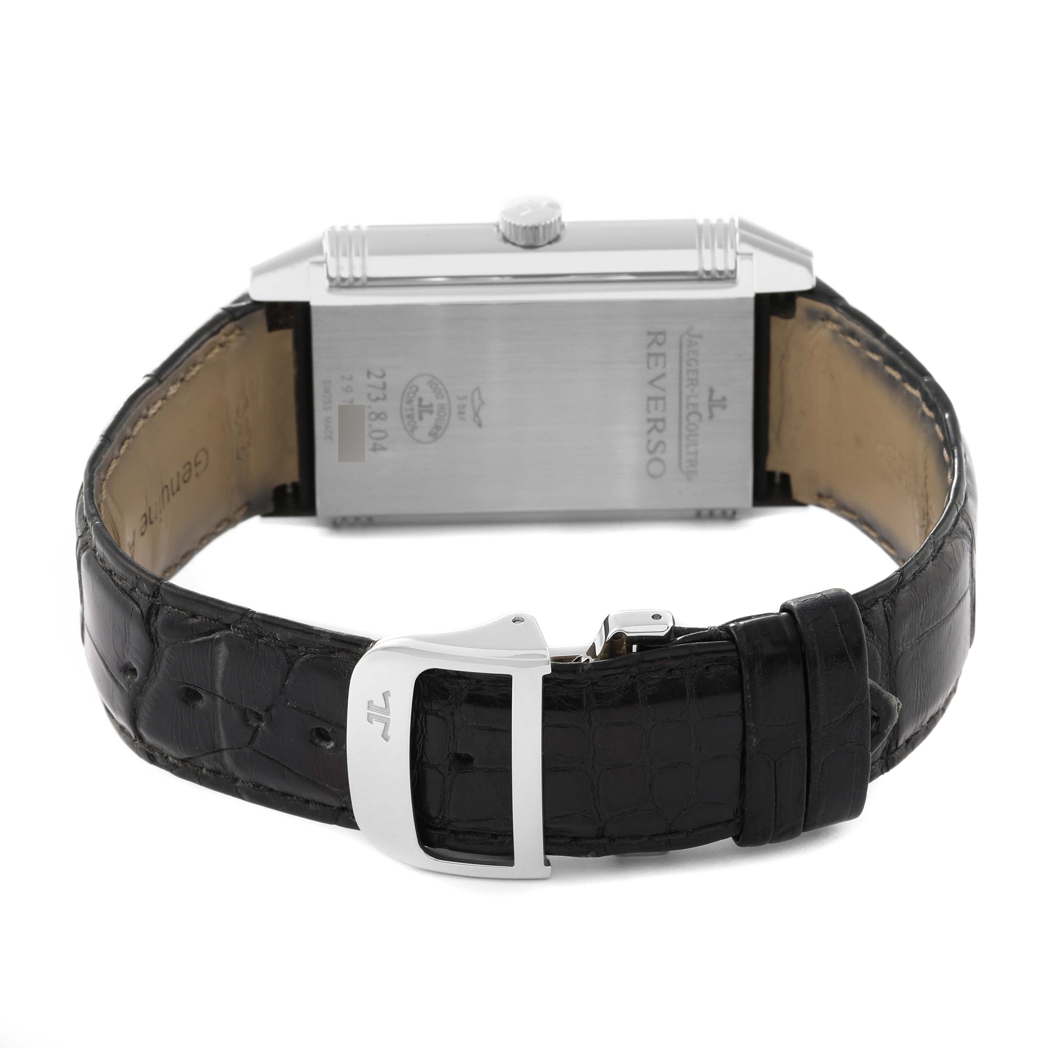 The image shows the back view of a Jaeger LeCoultre Reverso Q3738420 Men's Stainless Steel Silver Dial Q3738420 Men's Stainless Steel Silver Dial watch, highlighting its strap and buckle.