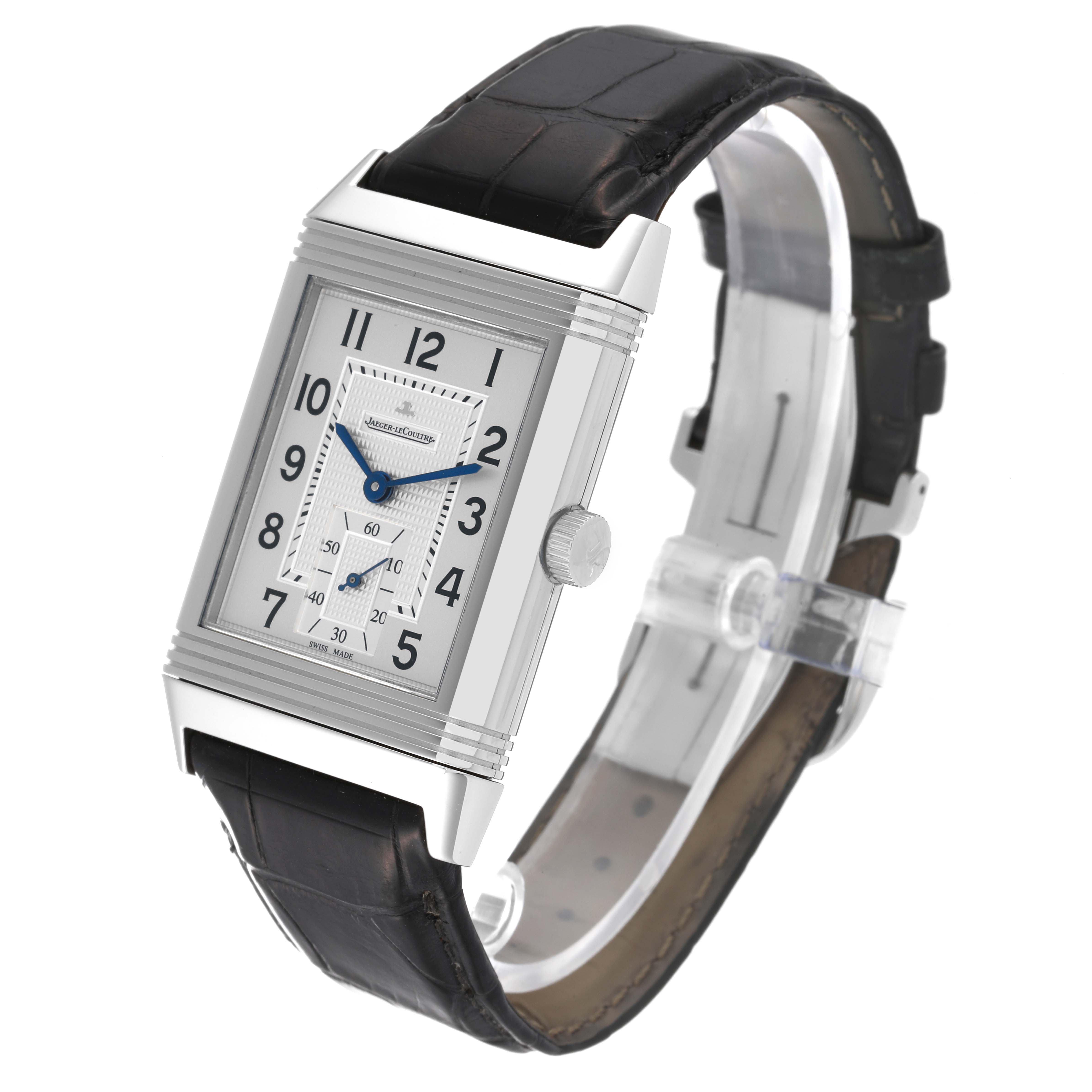 The image shows a frontal view of a Jaeger LeCoultre Reverso Q3738420 Men's Stainless Steel Silver Dial Q3738420 Men's Stainless Steel Silver Dial watch, highlighting its rectangular face and black leather strap.