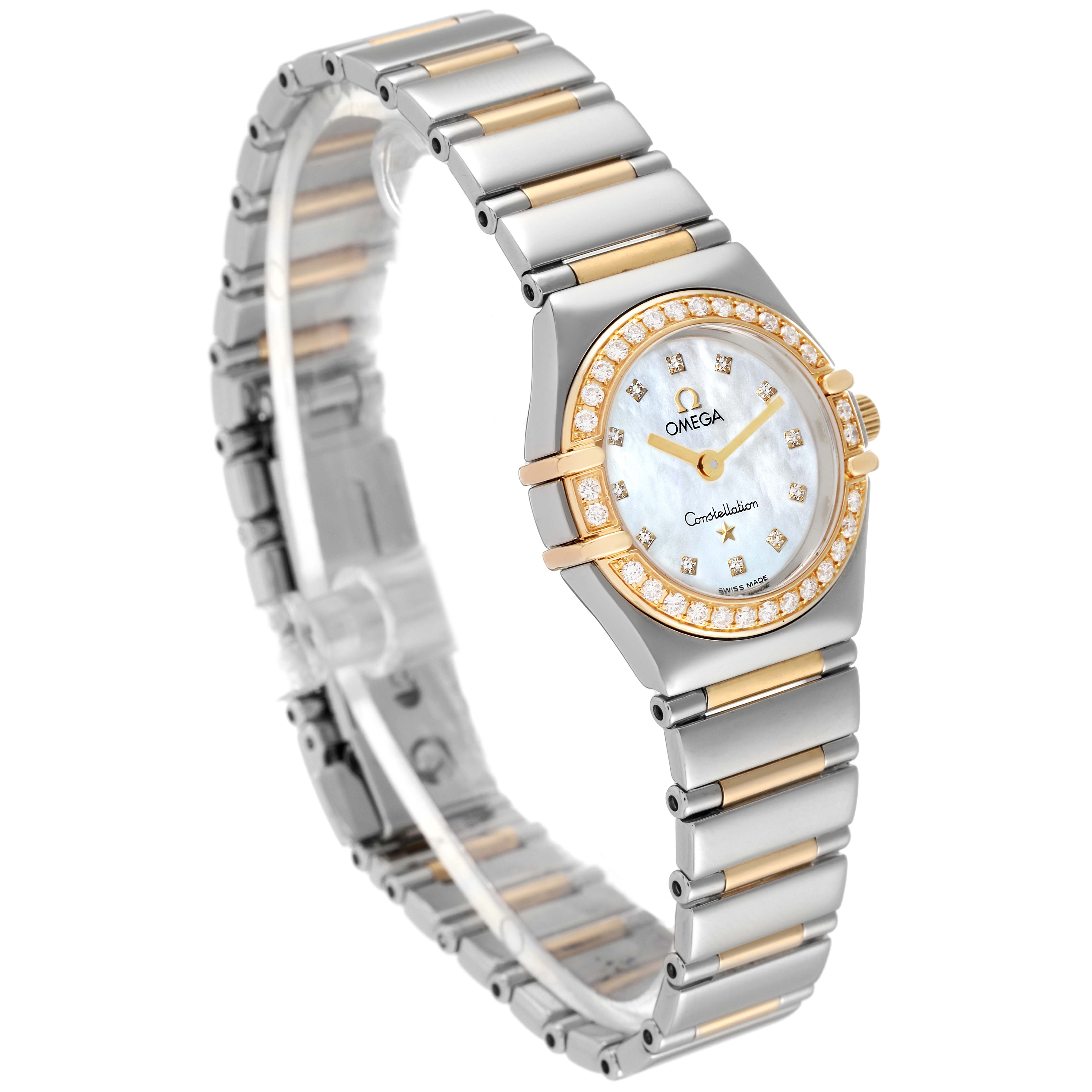 This image shows an angled view of the Omega 1365.75.00 Women's Steel and Gold (two tone) Mother of Pearl Dial 1365.75.00 Women's Steel and Gold (two tone) Mother of Pearl Dial Constellation MOP Dial Steel Yellow Gold Diamond Ladies Watch 1365.75.00, highlighting the face and bracelet.