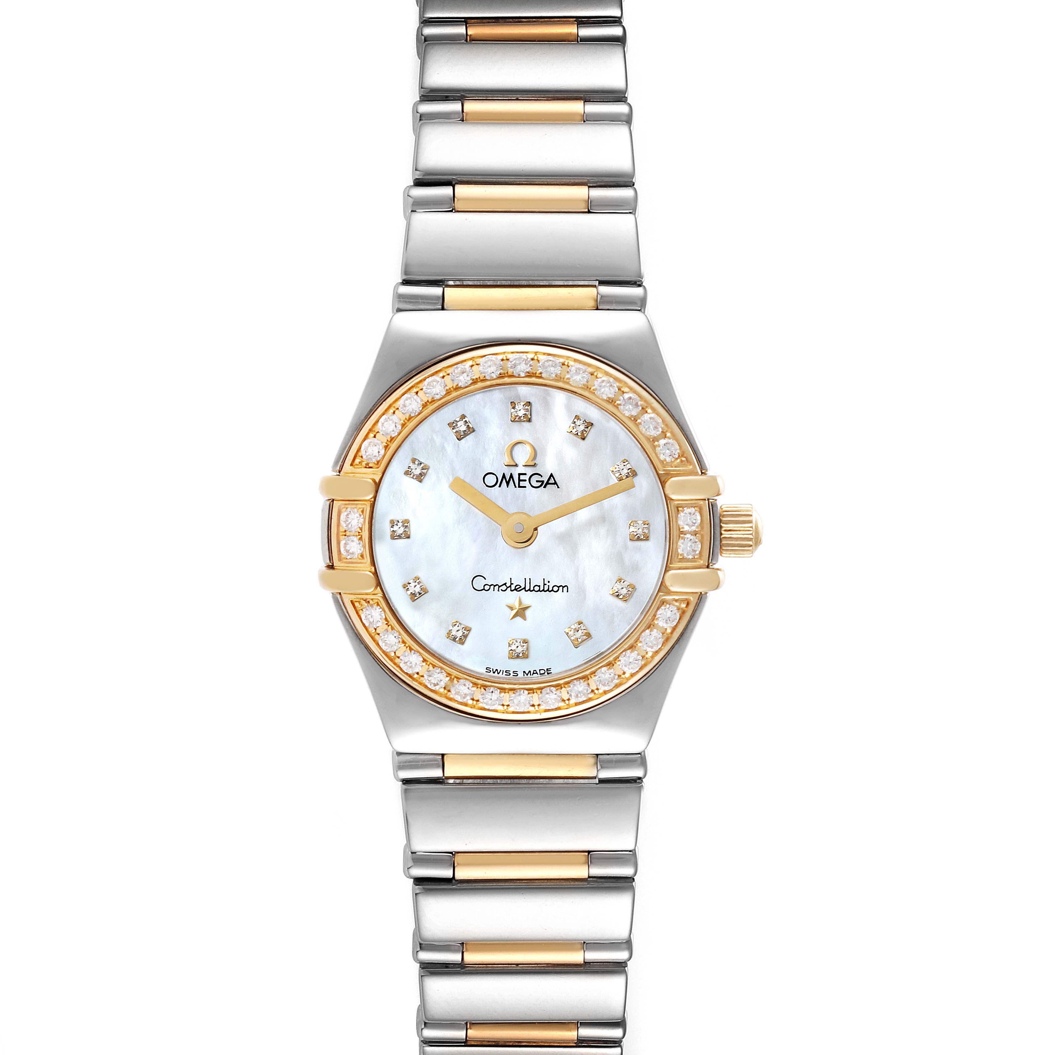 This image shows the front view of the Omega 1365.75.00 Women's Steel and Gold (two tone) Mother of Pearl Dial 1365.75.00 Women's Steel and Gold (two tone) Mother of Pearl Dial Constellation MOP Dial Steel Yellow Gold Diamond Ladies Watch 1365.75.00 model.