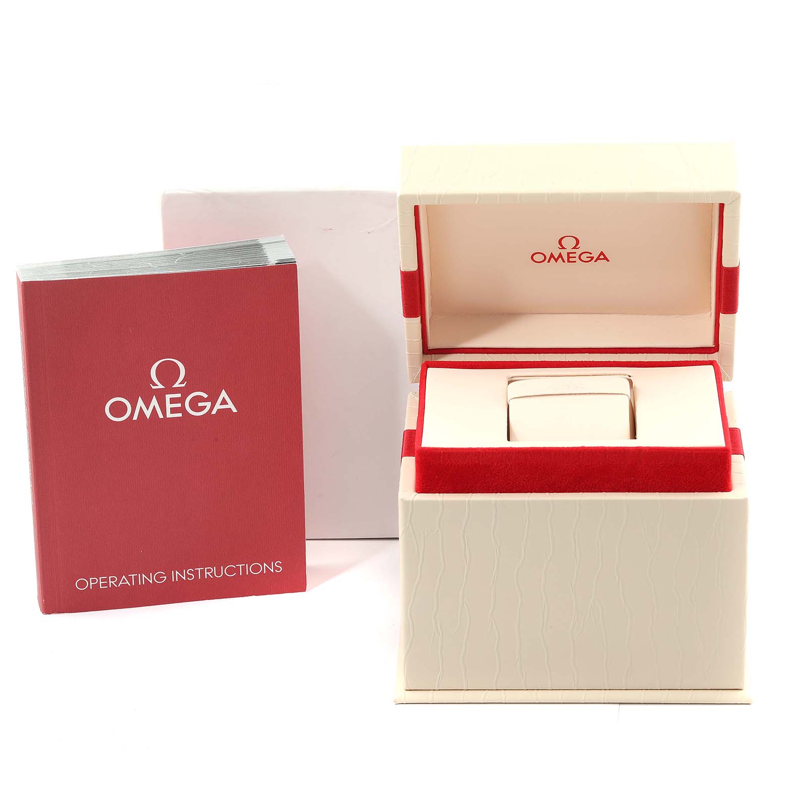 The image shows the Omega 1365.75.00 Women's Steel and Gold (two tone) Mother of Pearl Dial 1365.75.00 Women's Steel and Gold (two tone) Mother of Pearl Dial Constellation MOP Dial Steel Yellow Gold Diamond Ladies Watch 1365.75.00 packaging, including the box and operating instructions manual.