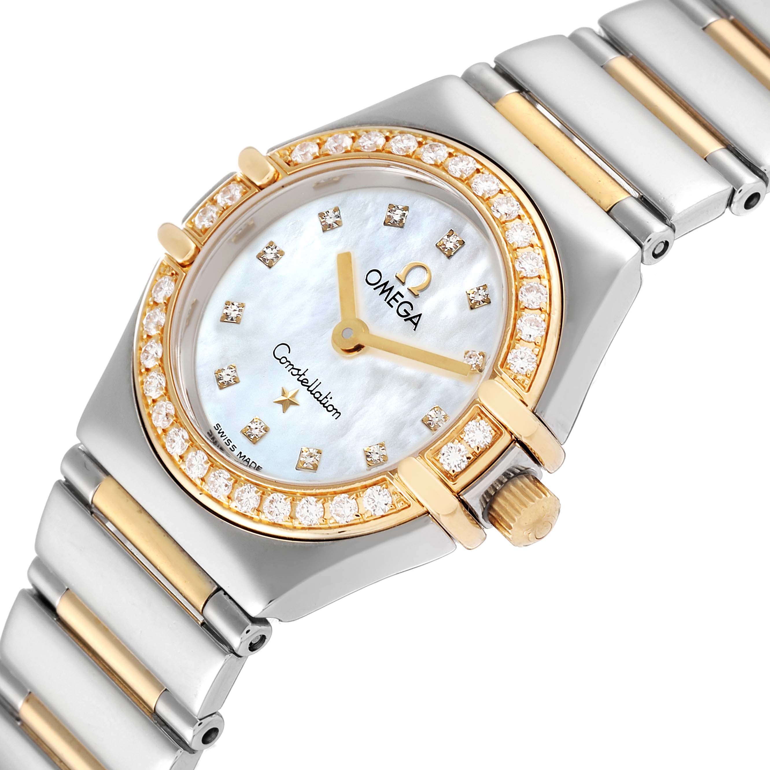 This image shows a close-up of the Omega 1365.75.00 Women's Steel and Gold (two tone) Mother of Pearl Dial 1365.75.00 Women's Steel and Gold (two tone) Mother of Pearl Dial Constellation MOP Dial Steel Yellow Gold Diamond Ladies Watch 1365.75.00 from an angled perspective.