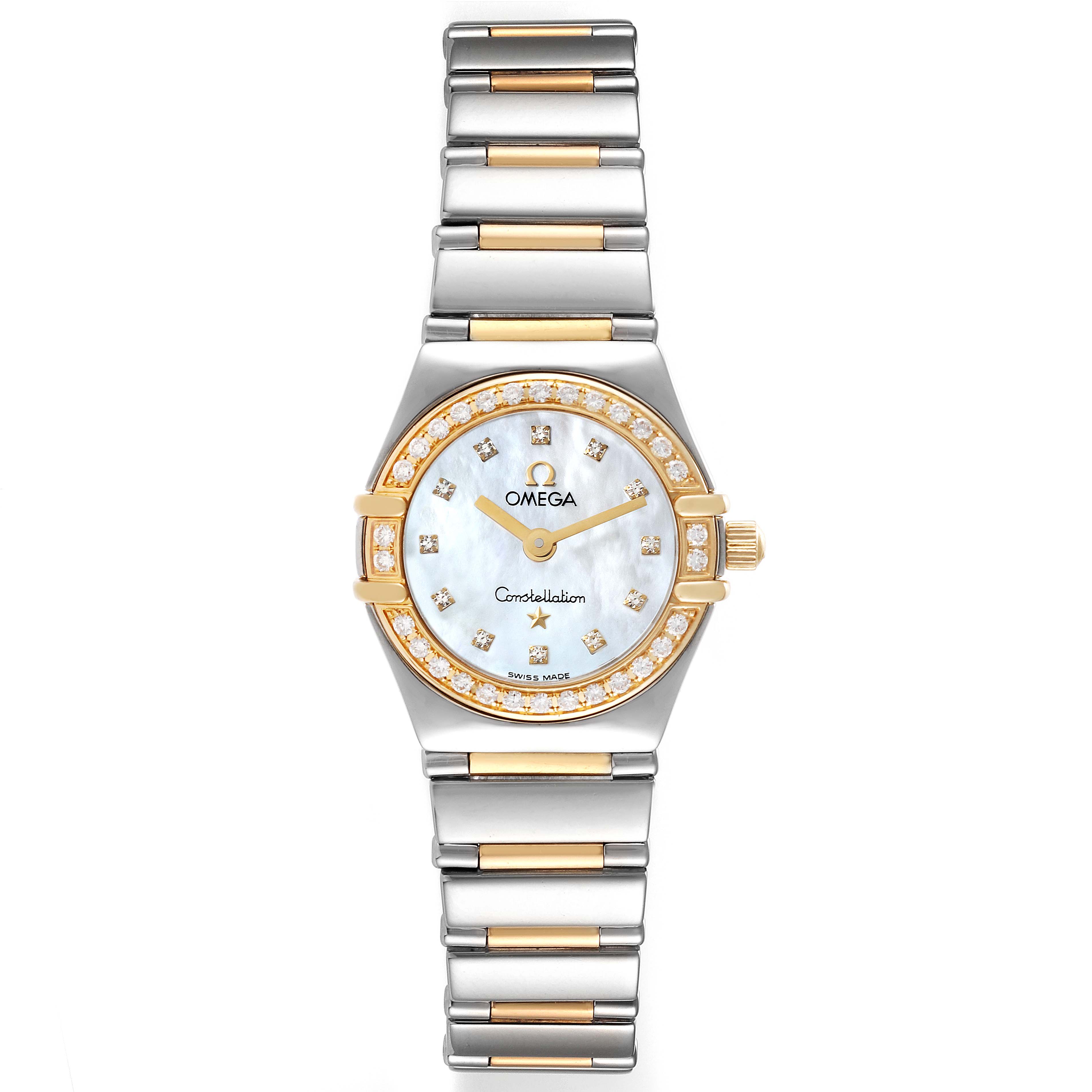 The image shows a front view of the Omega 1365.75.00 Women's Steel and Gold (two tone) Mother of Pearl Dial 1365.75.00 Women's Steel and Gold (two tone) Mother of Pearl Dial Constellation MOP Dial Steel Yellow Gold Diamond Ladies Watch 1365.75.00 model.