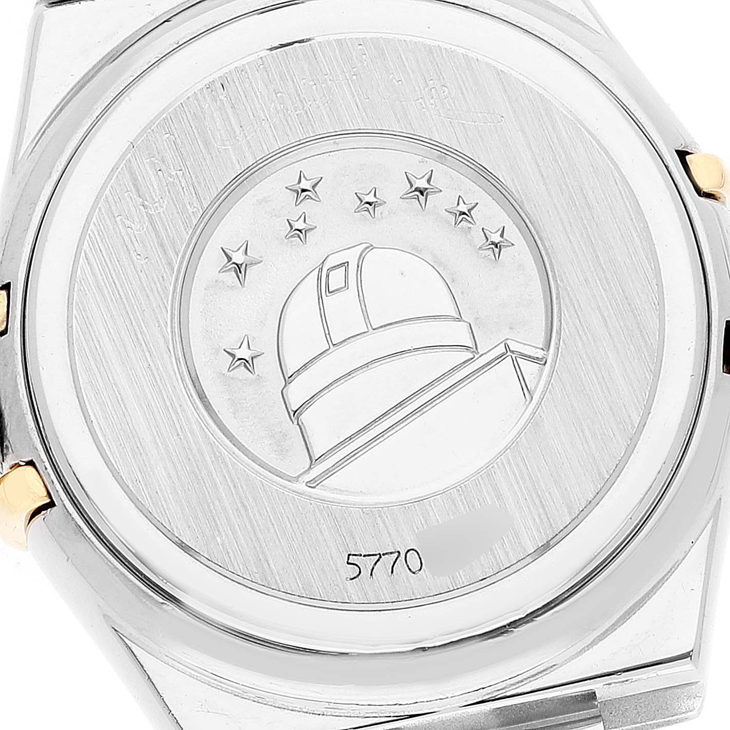 The image shows the case back of the Omega 1365.75.00 Women's Steel and Gold (two tone) Mother of Pearl Dial 1365.75.00 Women's Steel and Gold (two tone) Mother of Pearl Dial Constellation MOP Dial Steel Yellow Gold Diamond Ladies Watch, model 1365.75.00.