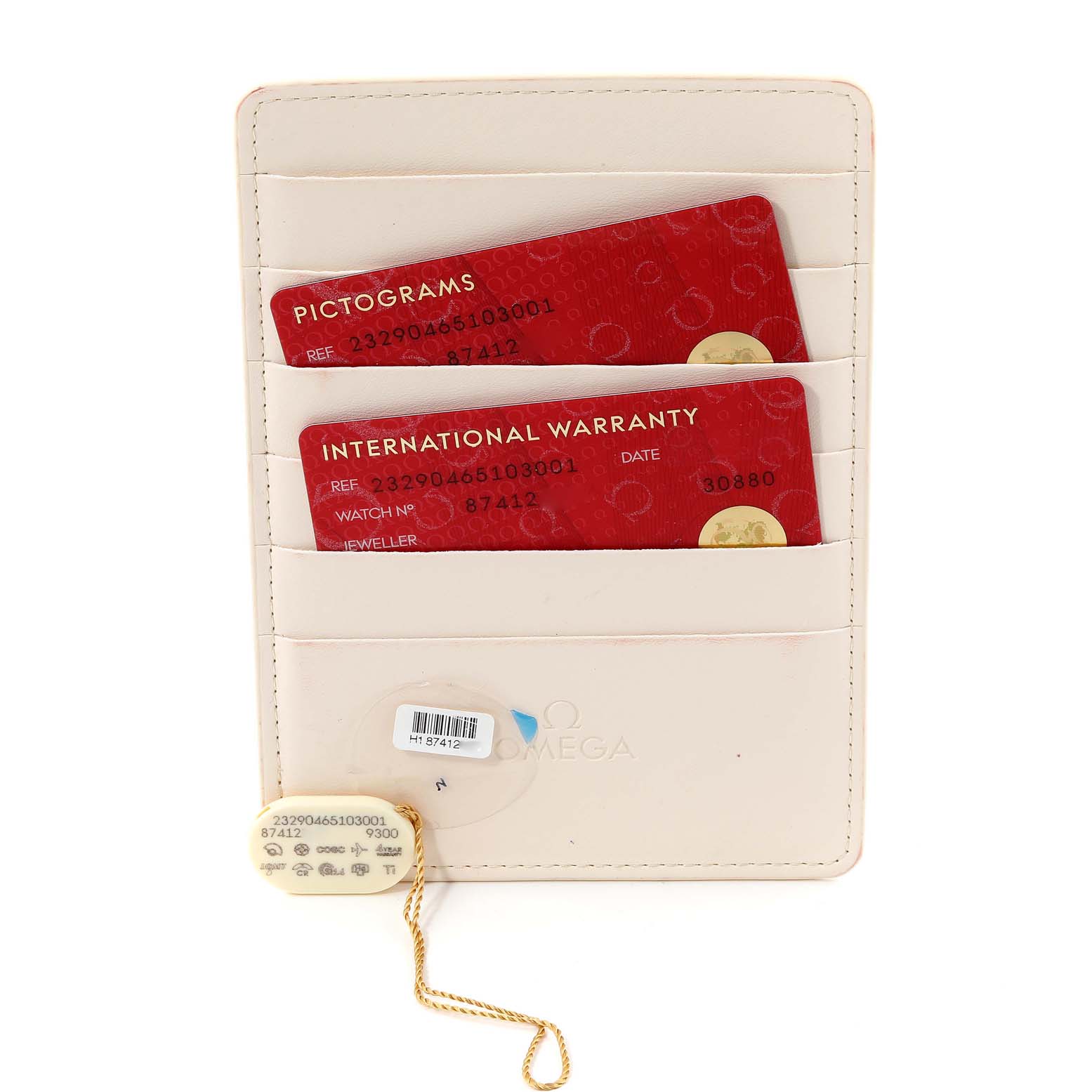 This image shows the warranty cards and tags for the Omega Planet Ocean 232.90.46.51.03.001 Men's Titanium Blue Dial 232.90.46.51.03.001 Men's Titanium Blue Dial watch model.