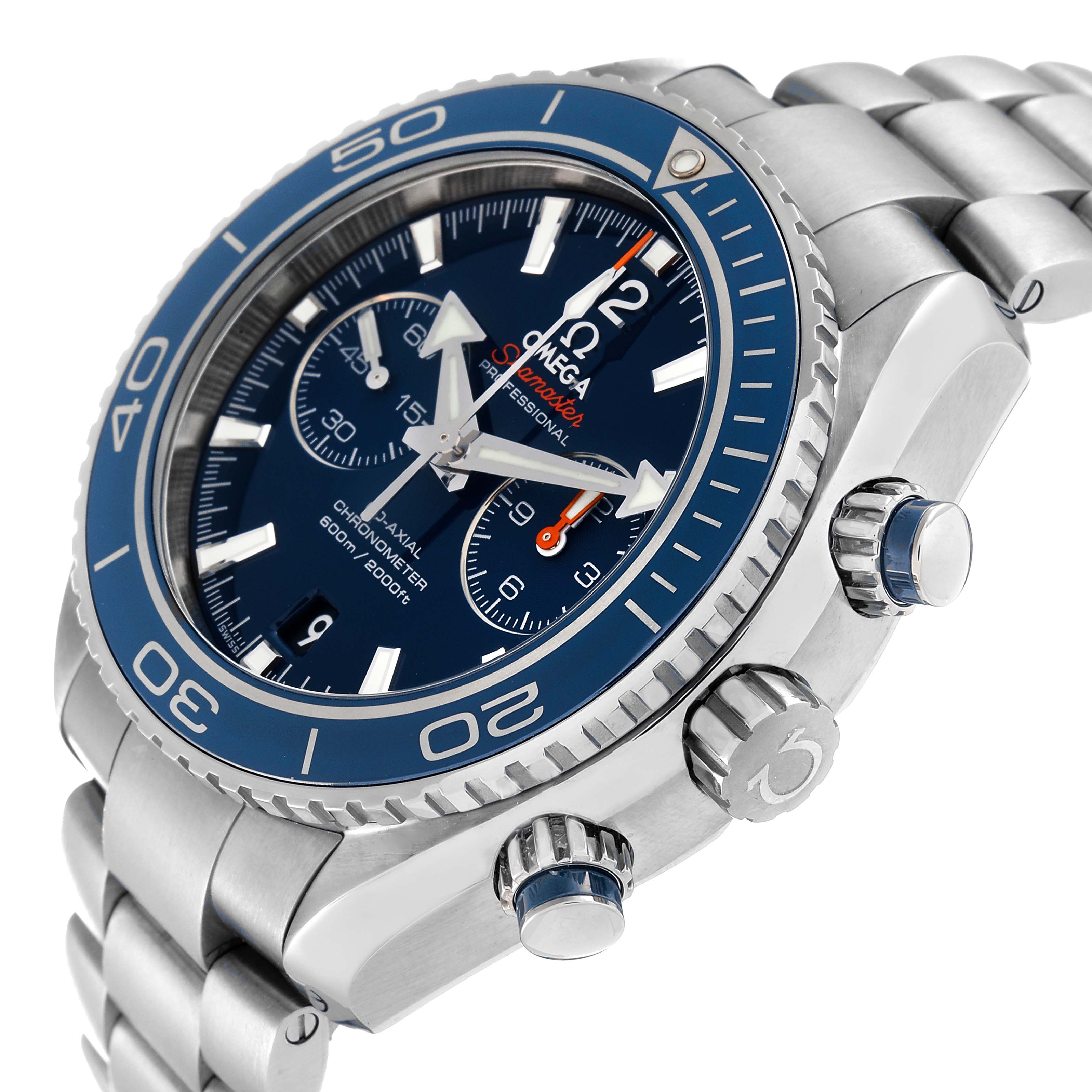 This image shows the Omega Planet Ocean 232.90.46.51.03.001 Men's Titanium Blue Dial 232.90.46.51.03.001 Men's Titanium Blue Dial watch at an angled side view, highlighting the bezel, dial, sub-dials, and crown.