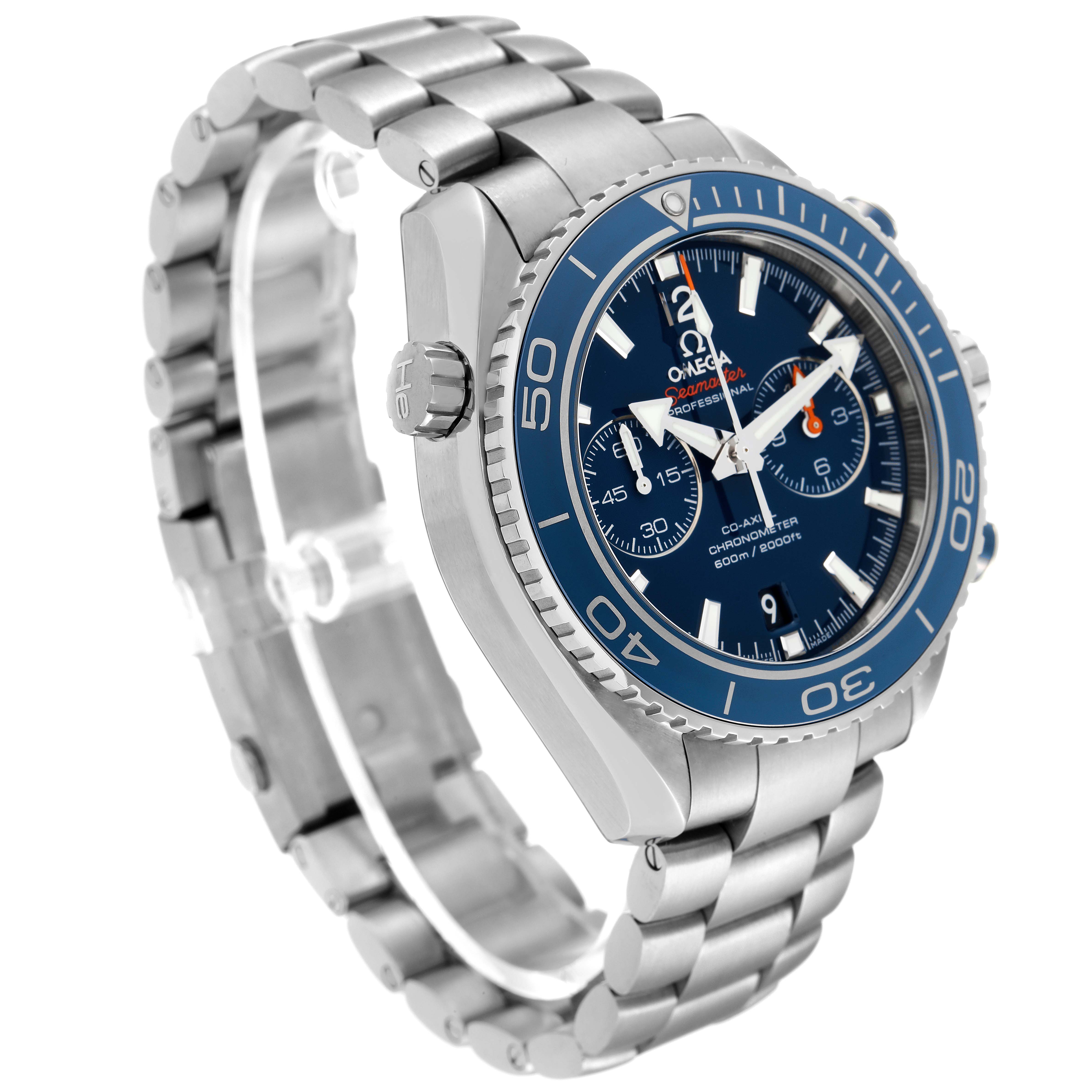 The Omega Planet Ocean 232.90.46.51.03.001 Men's Titanium Blue Dial 232.90.46.51.03.001 Men's Titanium Blue Dial watch is shown at a three-quarter angle, displaying the face, bezel, crown, and metal bracelet.