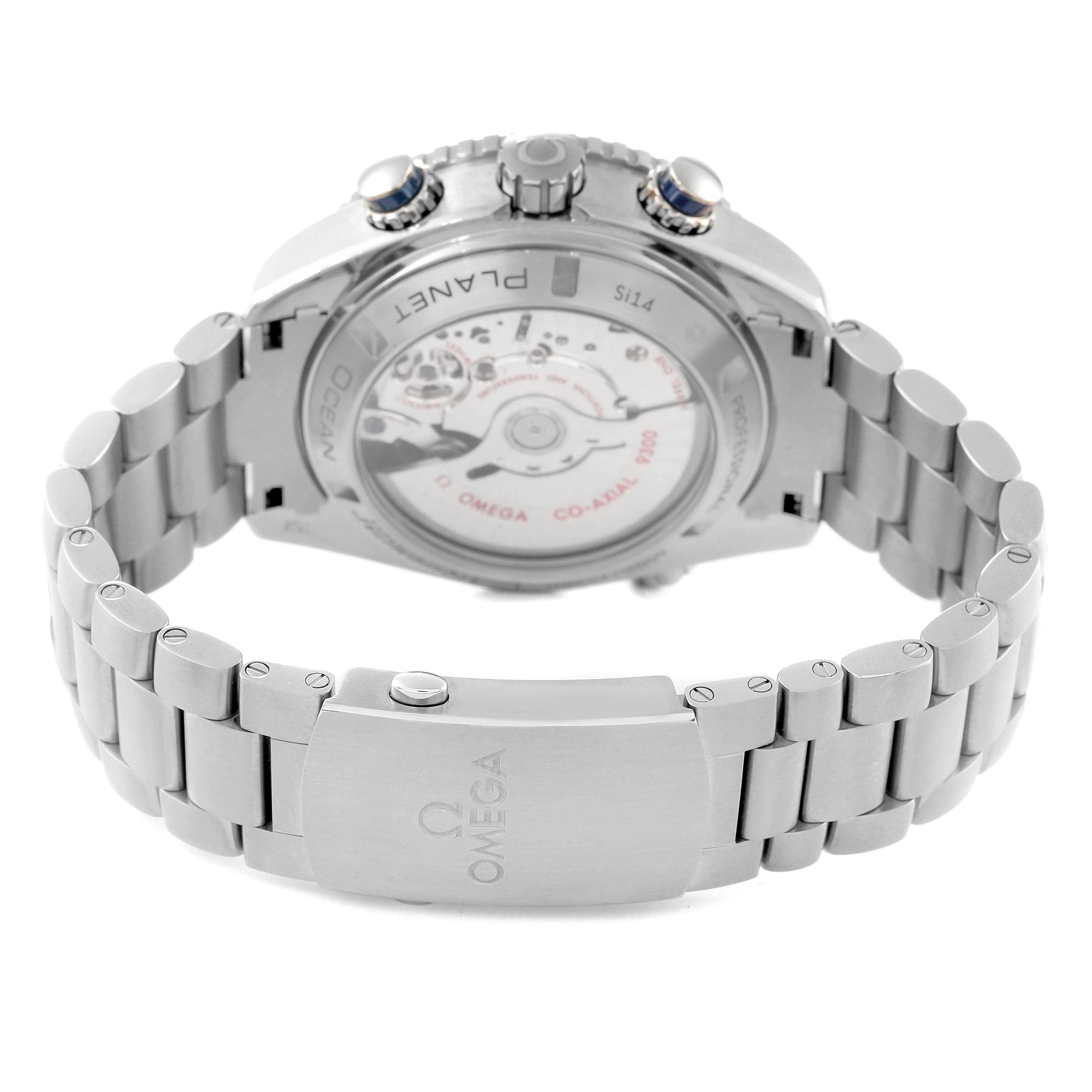The image shows the back view of an Omega Planet Ocean 232.90.46.51.03.001 Men's Titanium Blue Dial 232.90.46.51.03.001 Men's Titanium Blue Dial watch, highlighting the open case back and bracelet clasp.